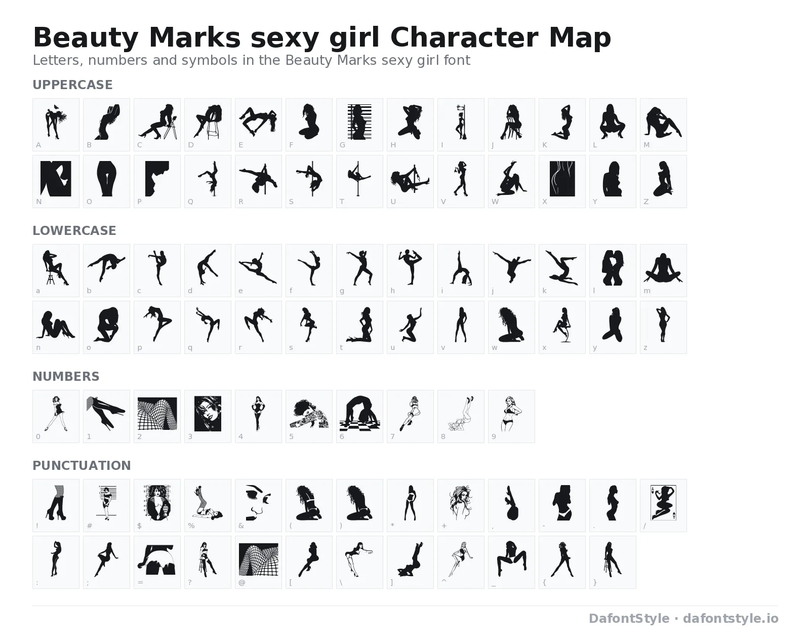Beauty Marks sexy girl font character map with uppercase and lowercase letters, numbers and symbols
