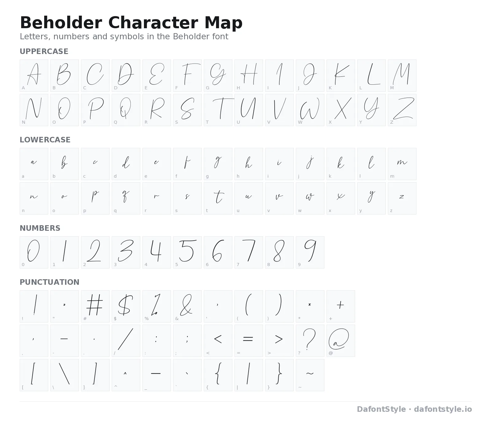 Beholder font character map with uppercase and lowercase letters, numbers and symbols