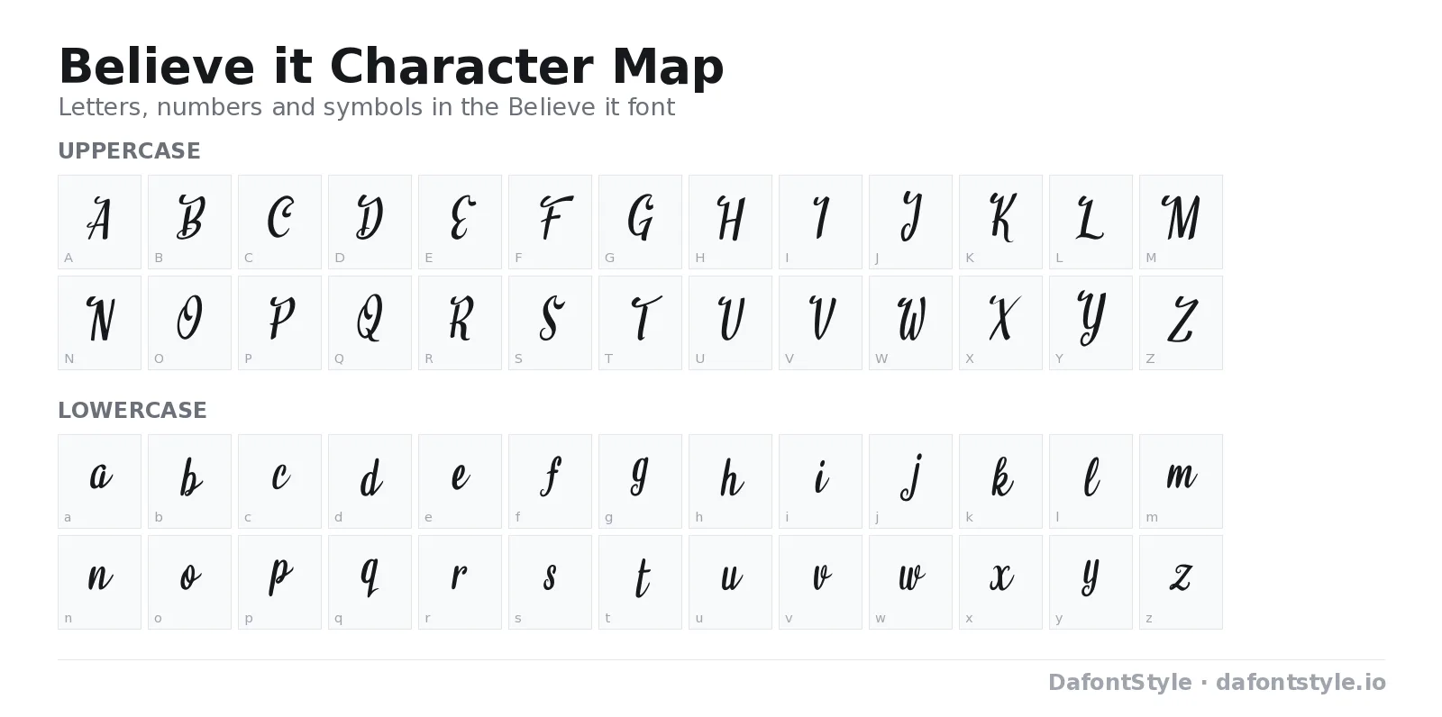 Believe it font character map with uppercase and lowercase letters, numbers and symbols