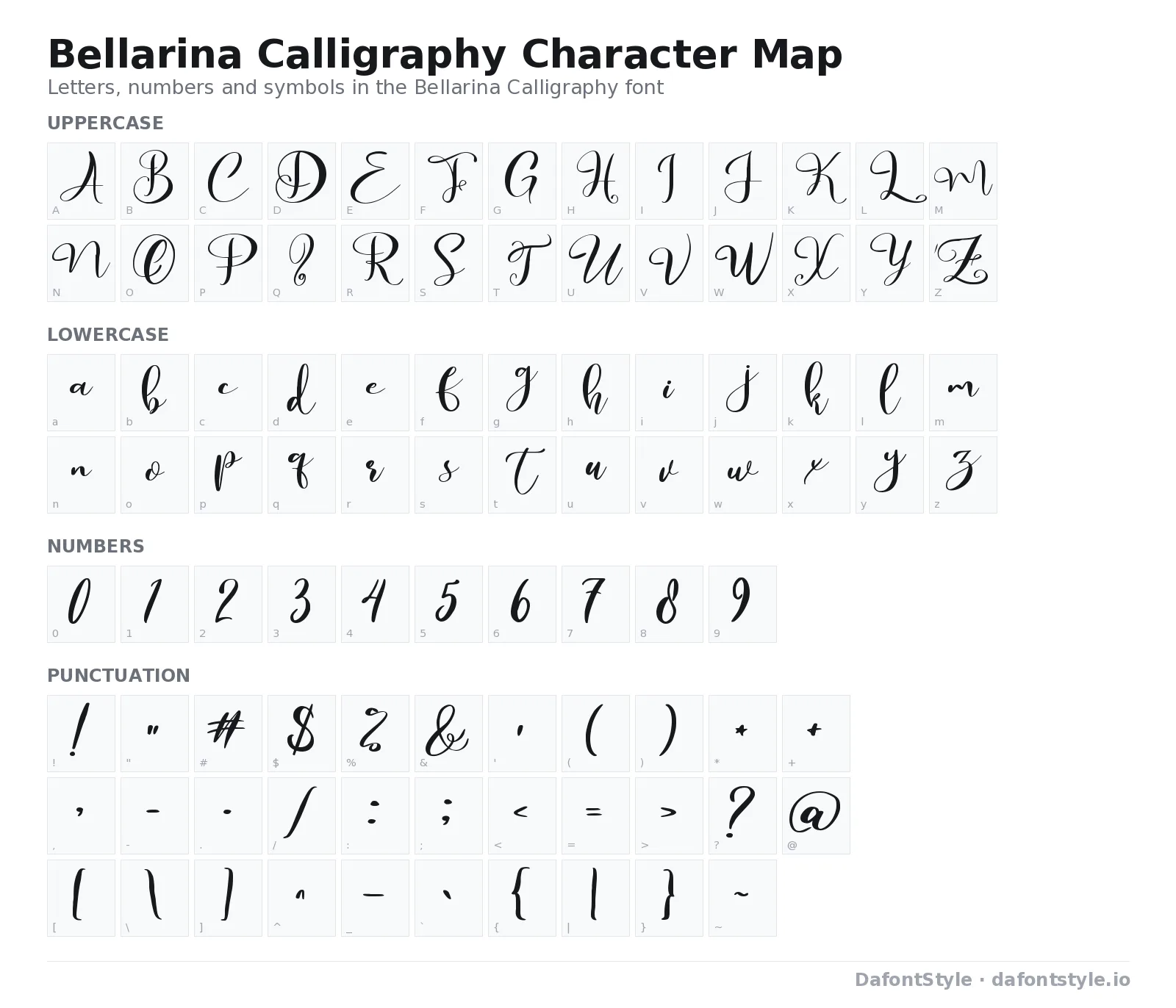 Bellarina Calligraphy font character map with uppercase and lowercase letters, numbers and symbols