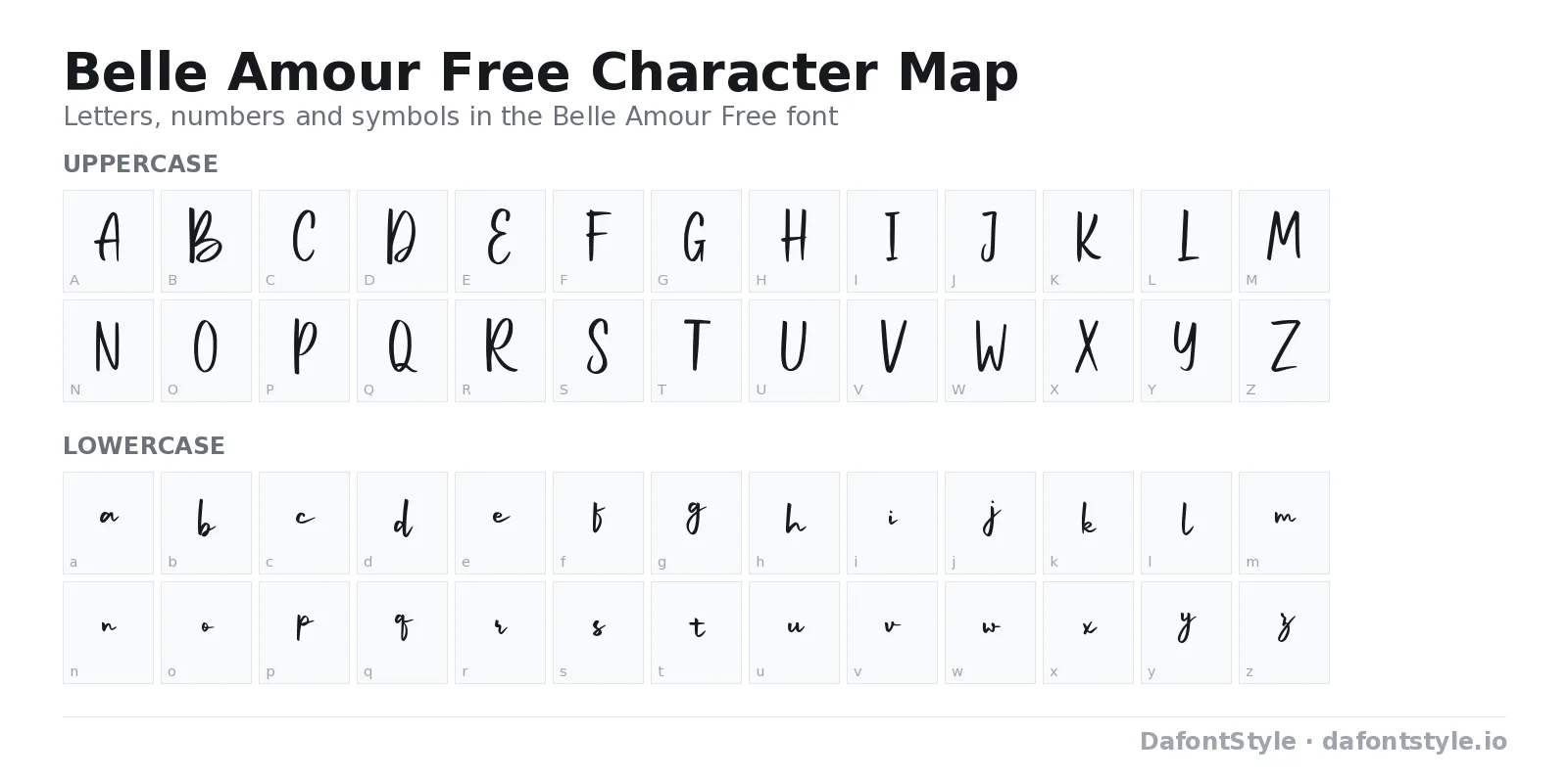 Belle Amour Free font character map with uppercase and lowercase letters, numbers and symbols