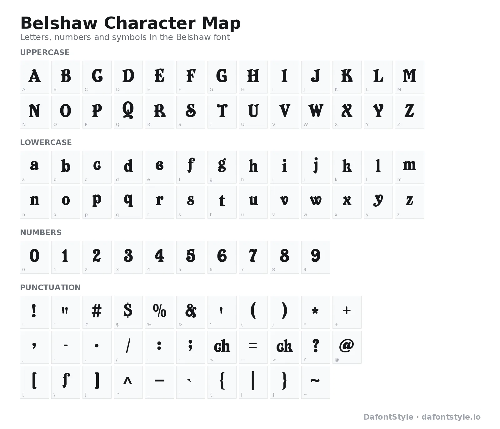 Belshaw font character map with uppercase and lowercase letters, numbers and symbols