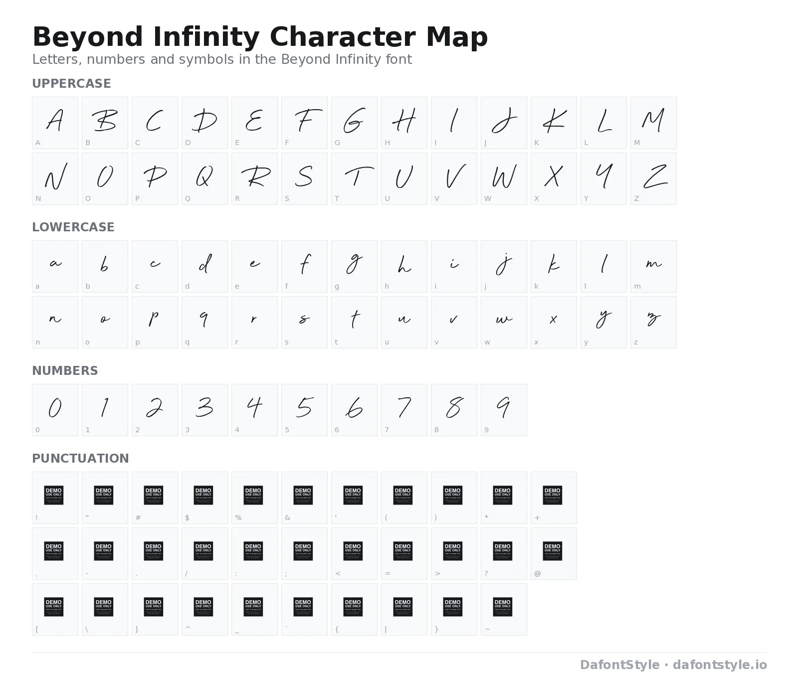 Beyond Infinity font character map with uppercase and lowercase letters, numbers and symbols