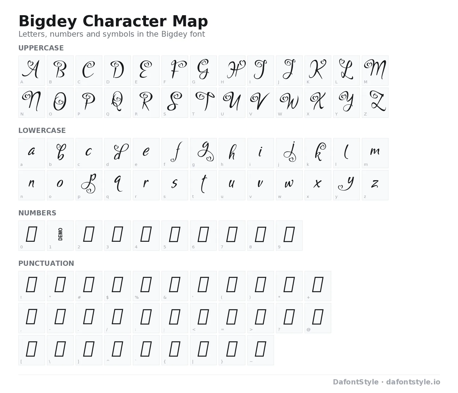 Bigdey font character map with uppercase and lowercase letters, numbers and symbols