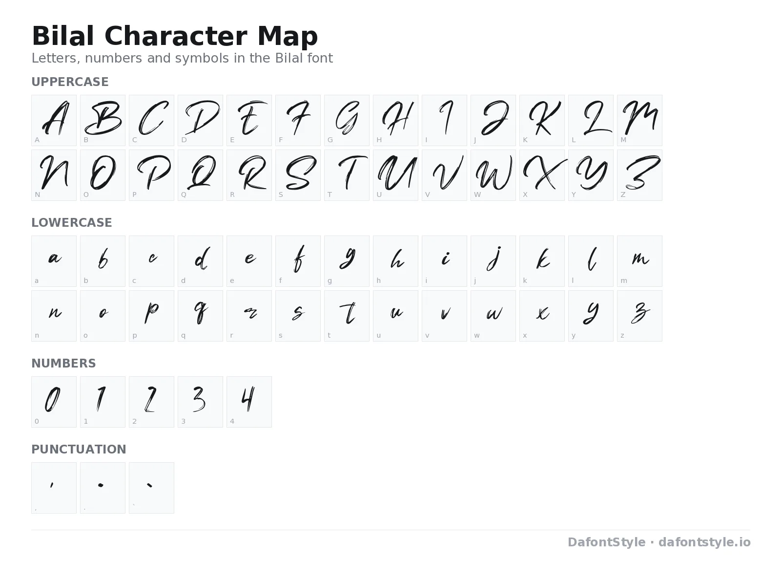 Bilal font character map with uppercase and lowercase letters, numbers and symbols
