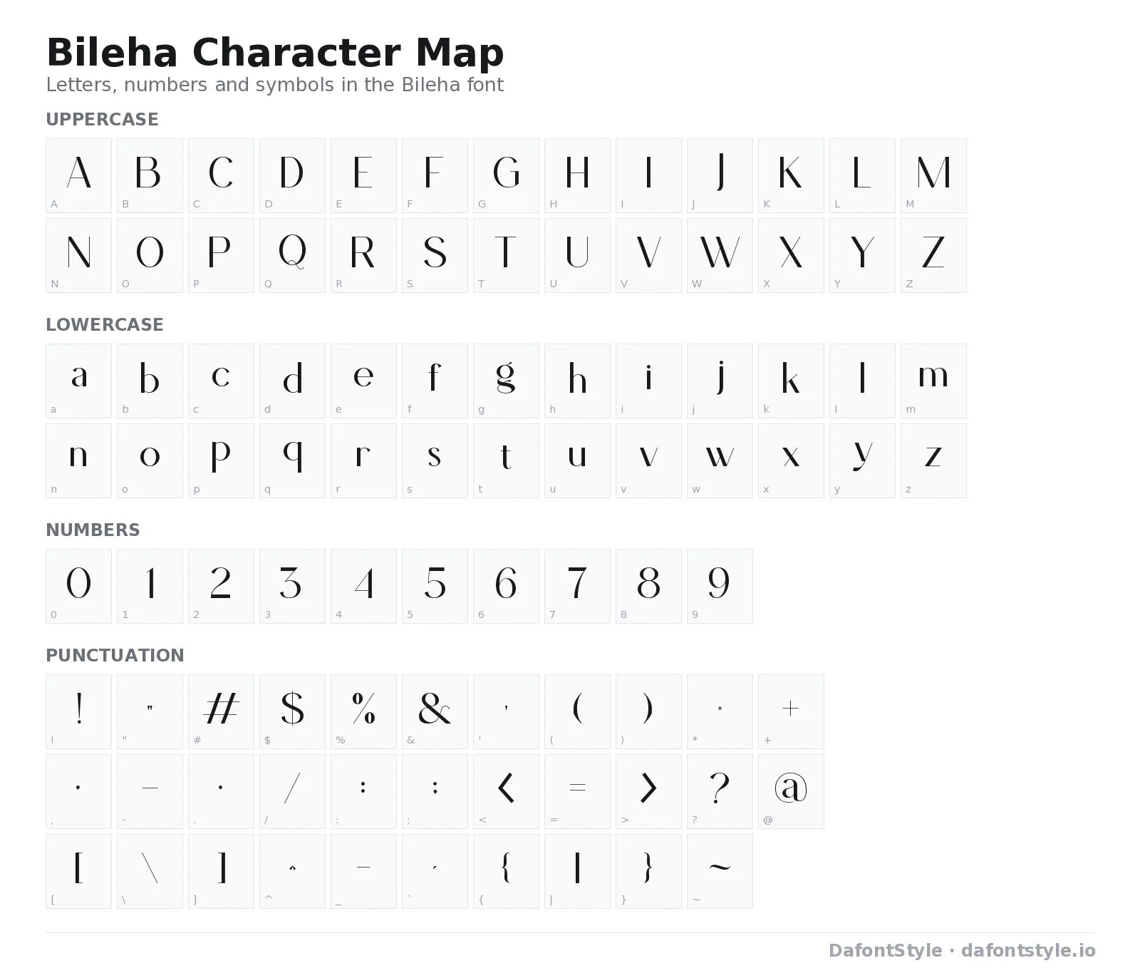 Bileha font character map with uppercase and lowercase letters, numbers and symbols