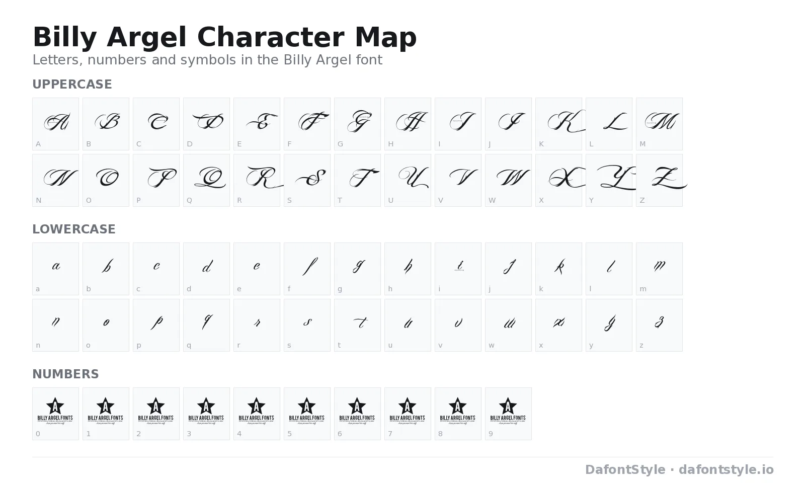 Billy Argel font character map with uppercase and lowercase letters, numbers and symbols