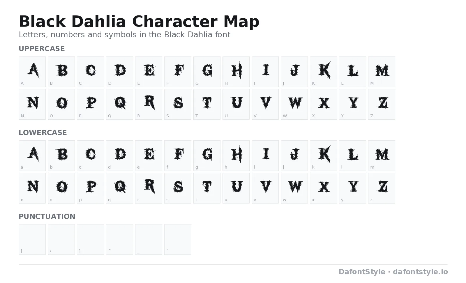 Black Dahlia font character map with uppercase and lowercase letters, numbers and symbols