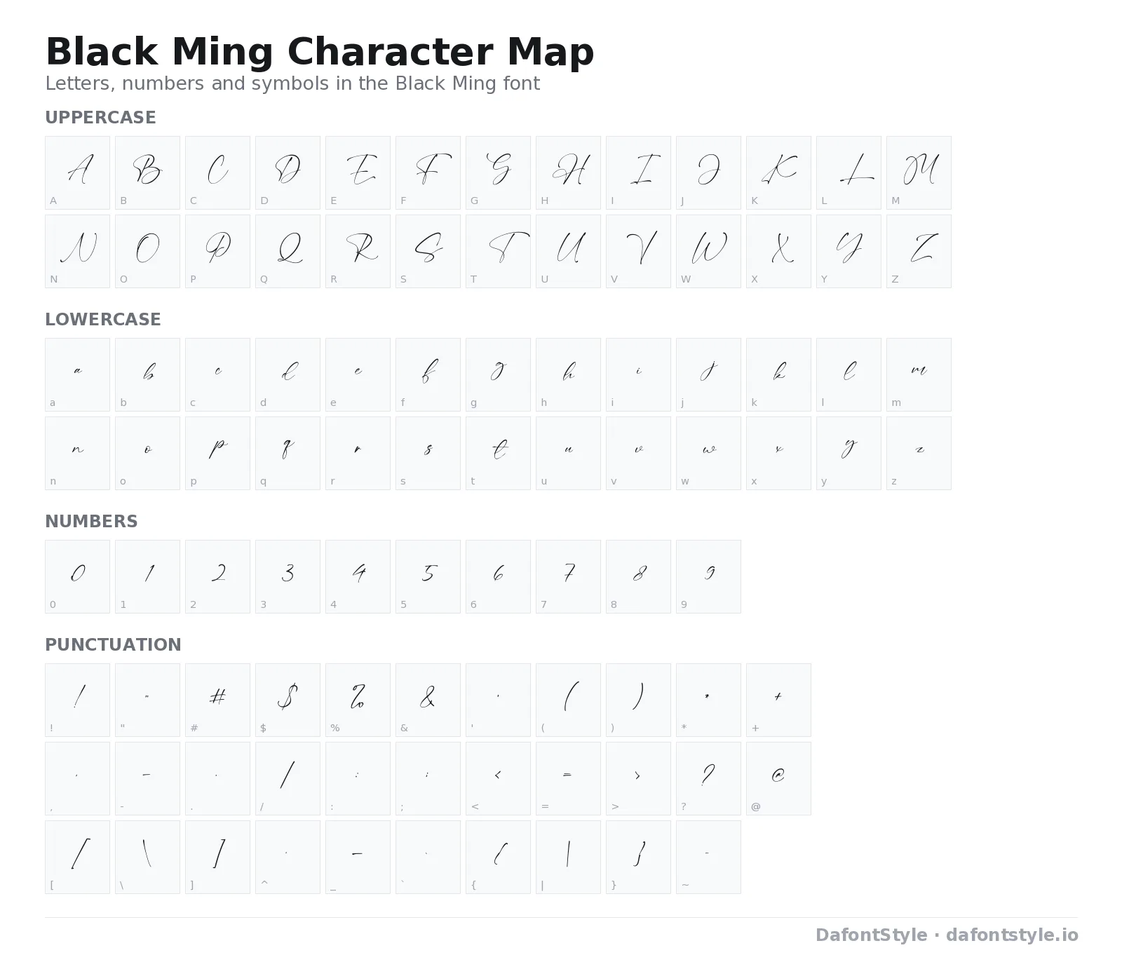 Black Ming font character map with uppercase and lowercase letters, numbers and symbols