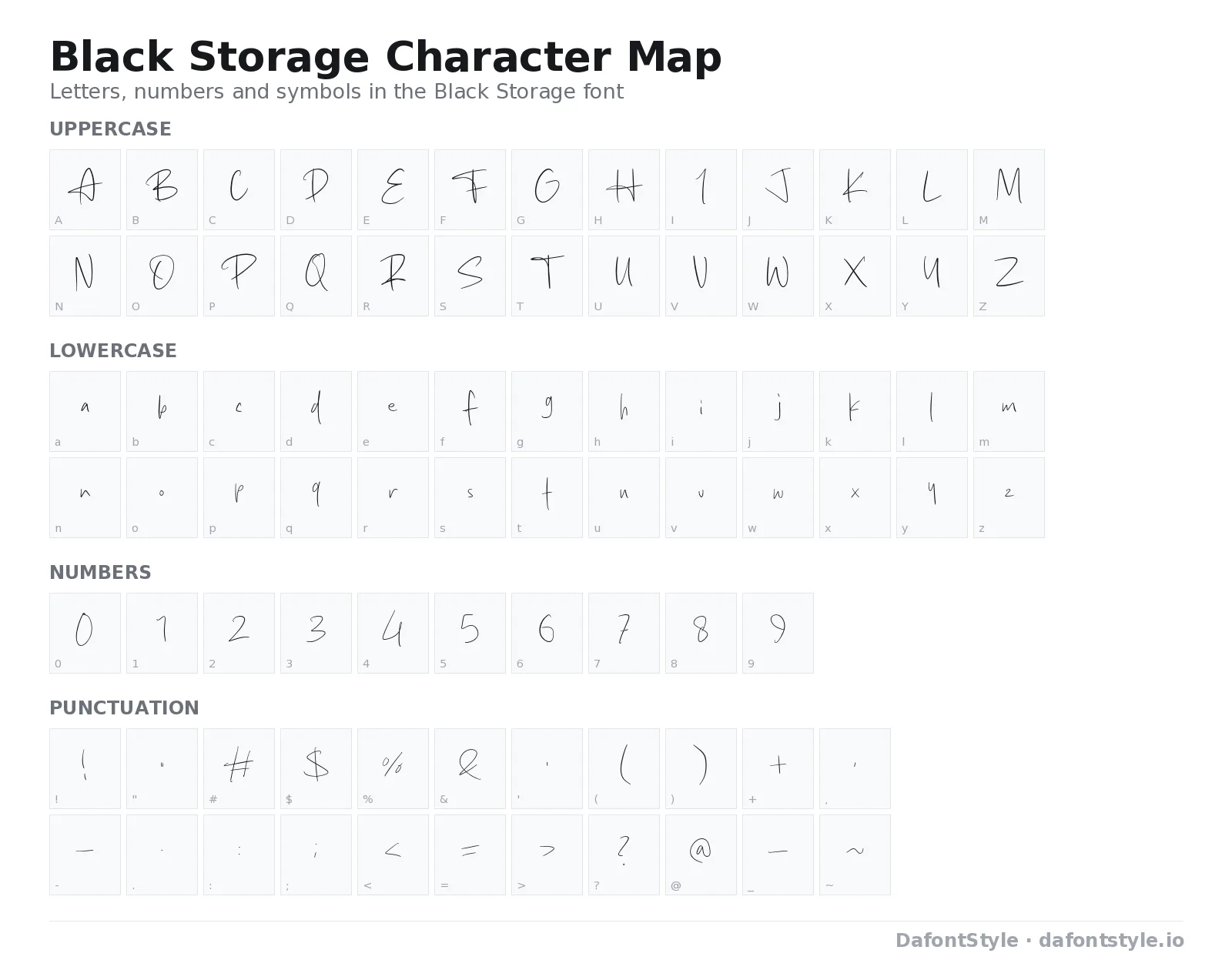 Black Storage font character map with uppercase and lowercase letters, numbers and symbols