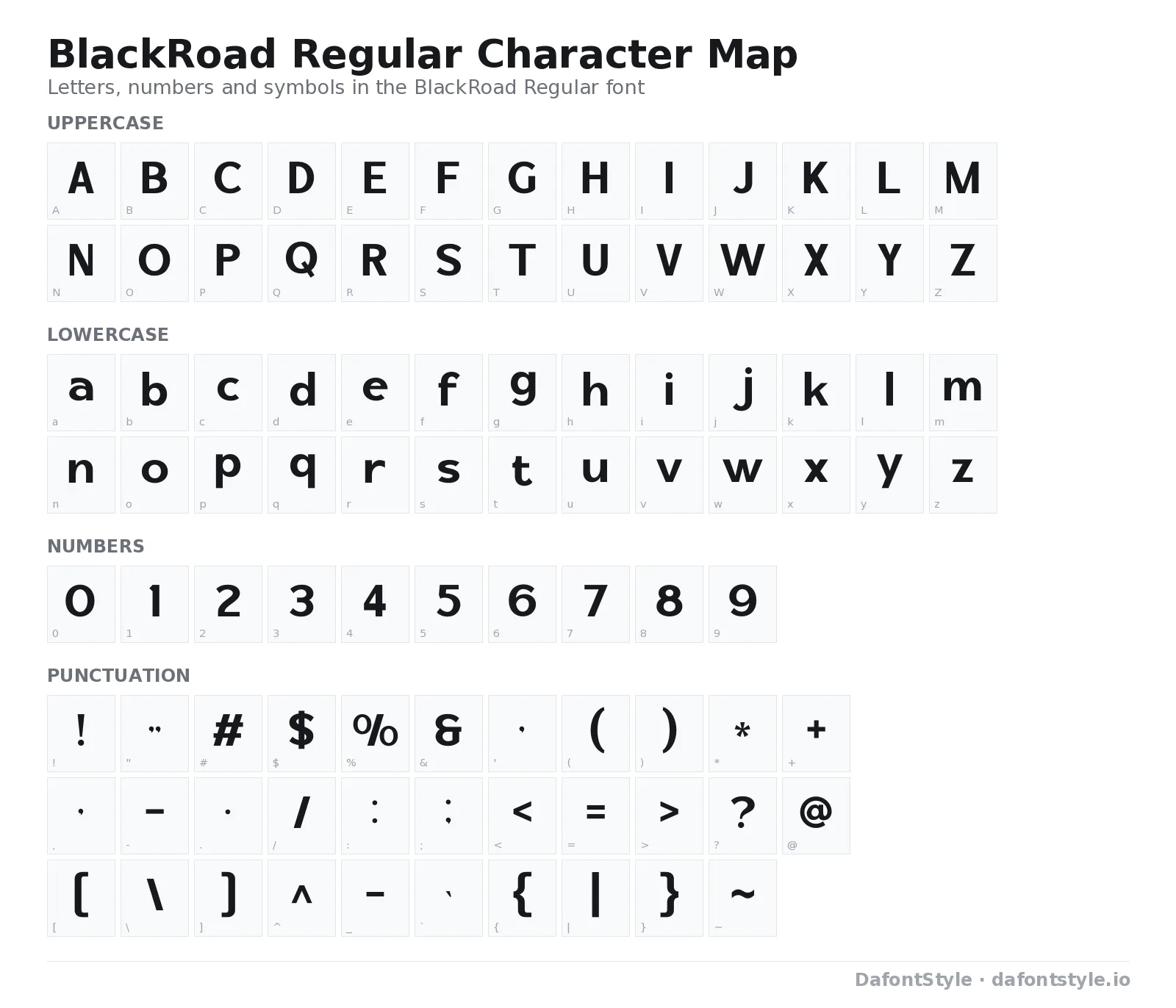 BlackRoad Regular font character map with uppercase and lowercase letters, numbers and symbols