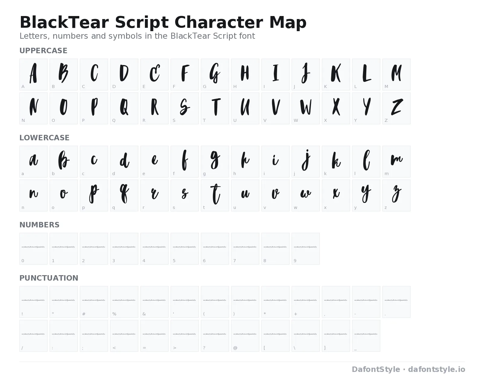 BlackTear Script font character map with uppercase and lowercase letters, numbers and symbols