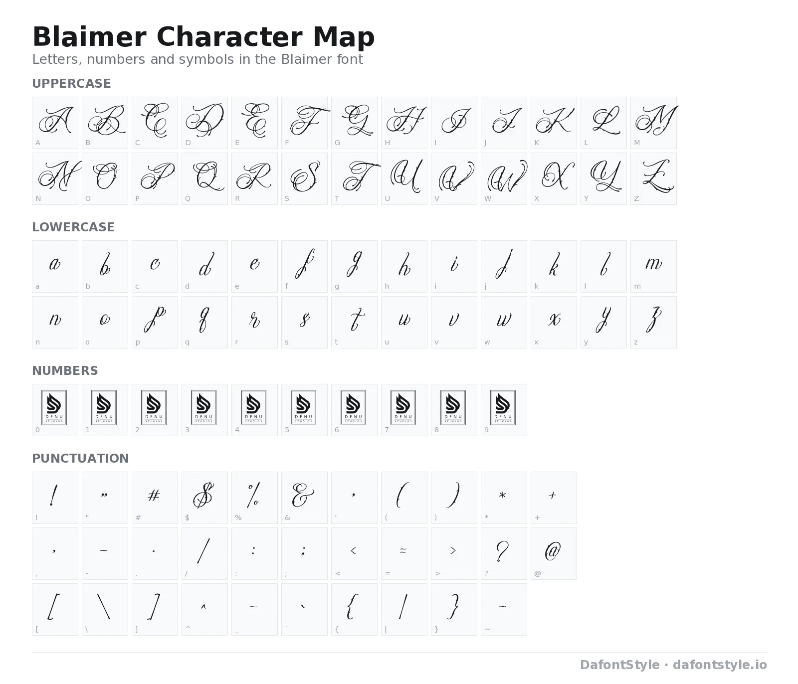 Blaimer font character map with uppercase and lowercase letters, numbers and symbols