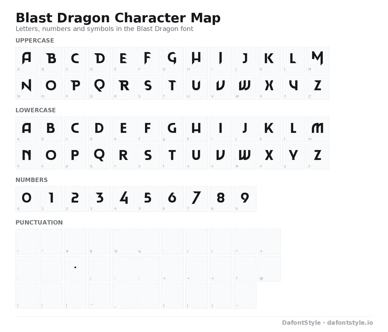 Blast Dragon font character map with uppercase and lowercase letters, numbers and symbols