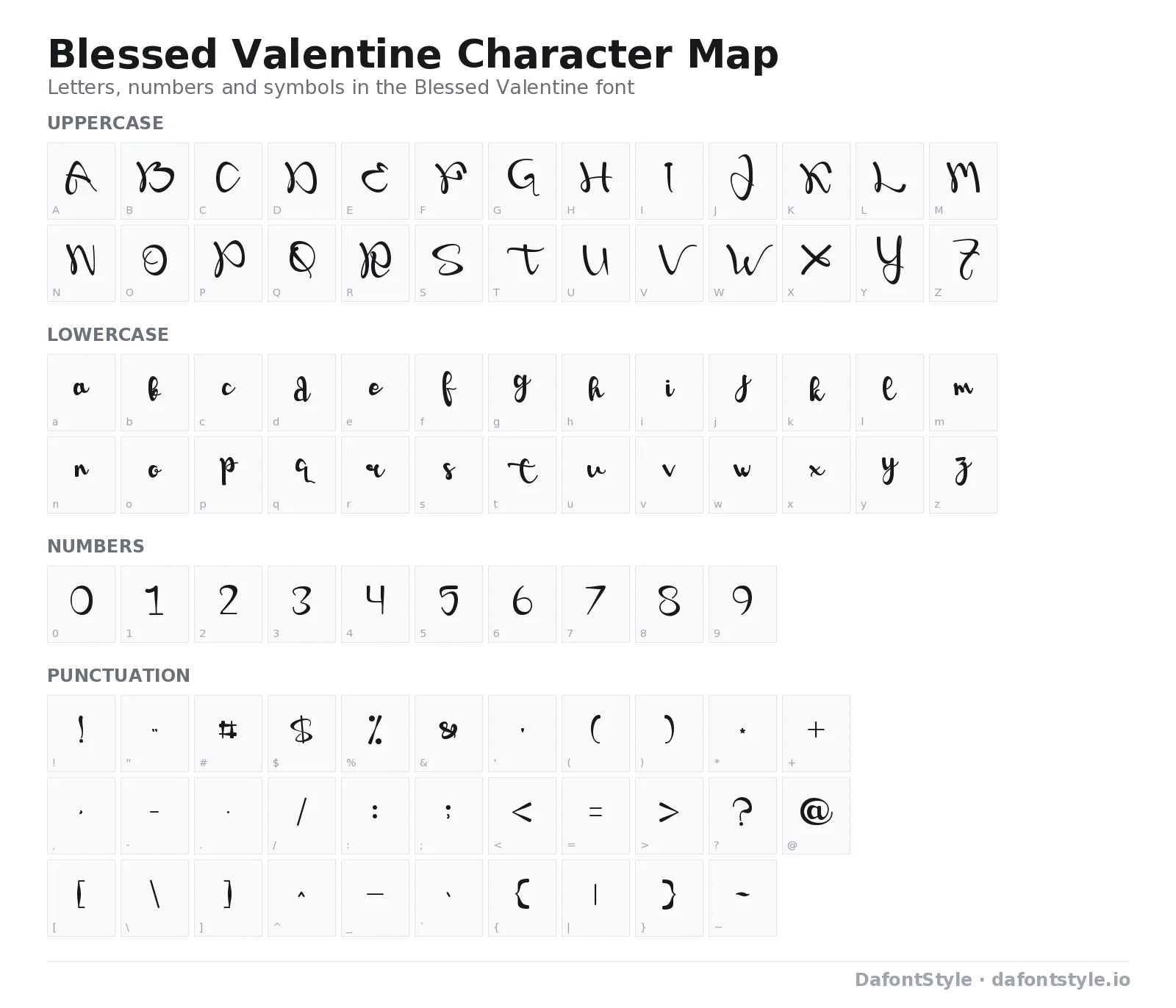Blessed Valentine font character map with uppercase and lowercase letters, numbers and symbols