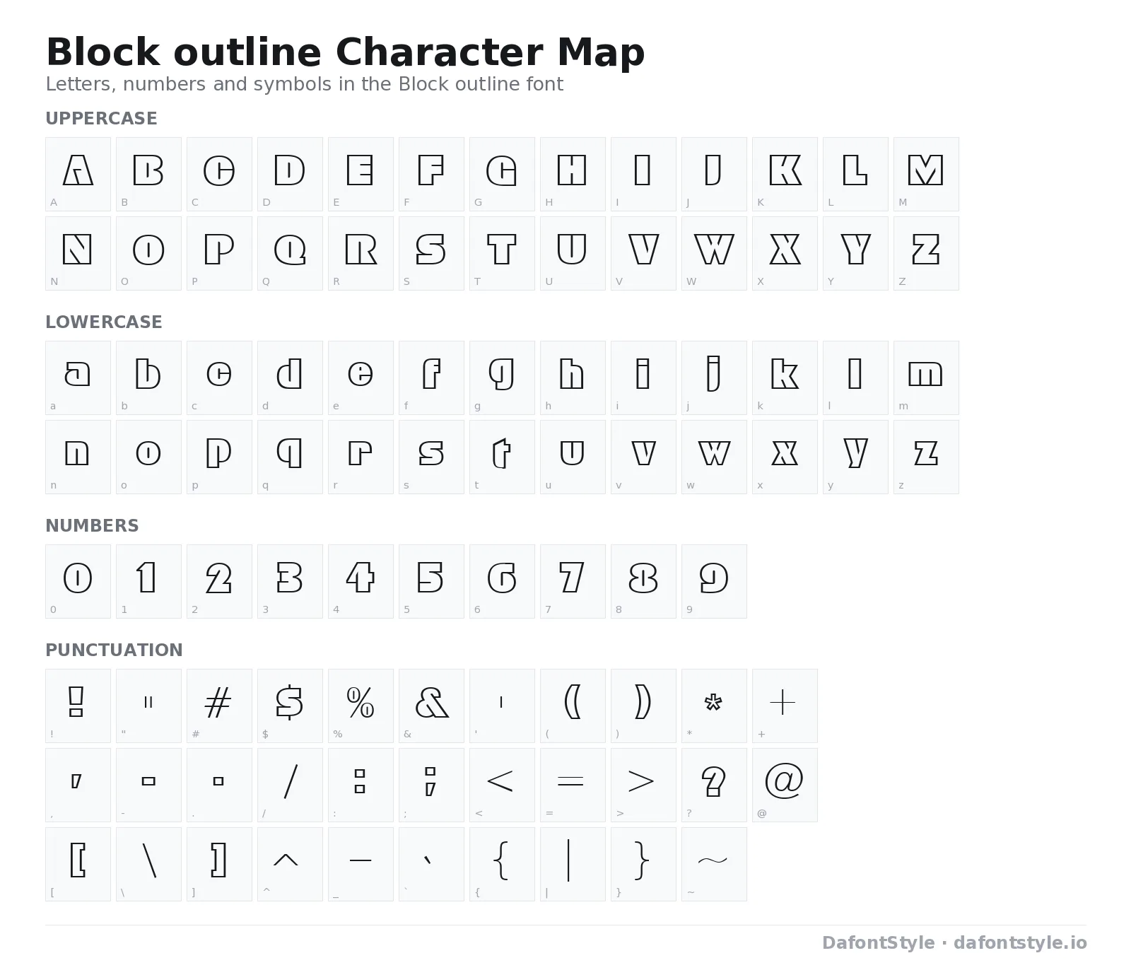 Block outline font character map with uppercase and lowercase letters, numbers and symbols