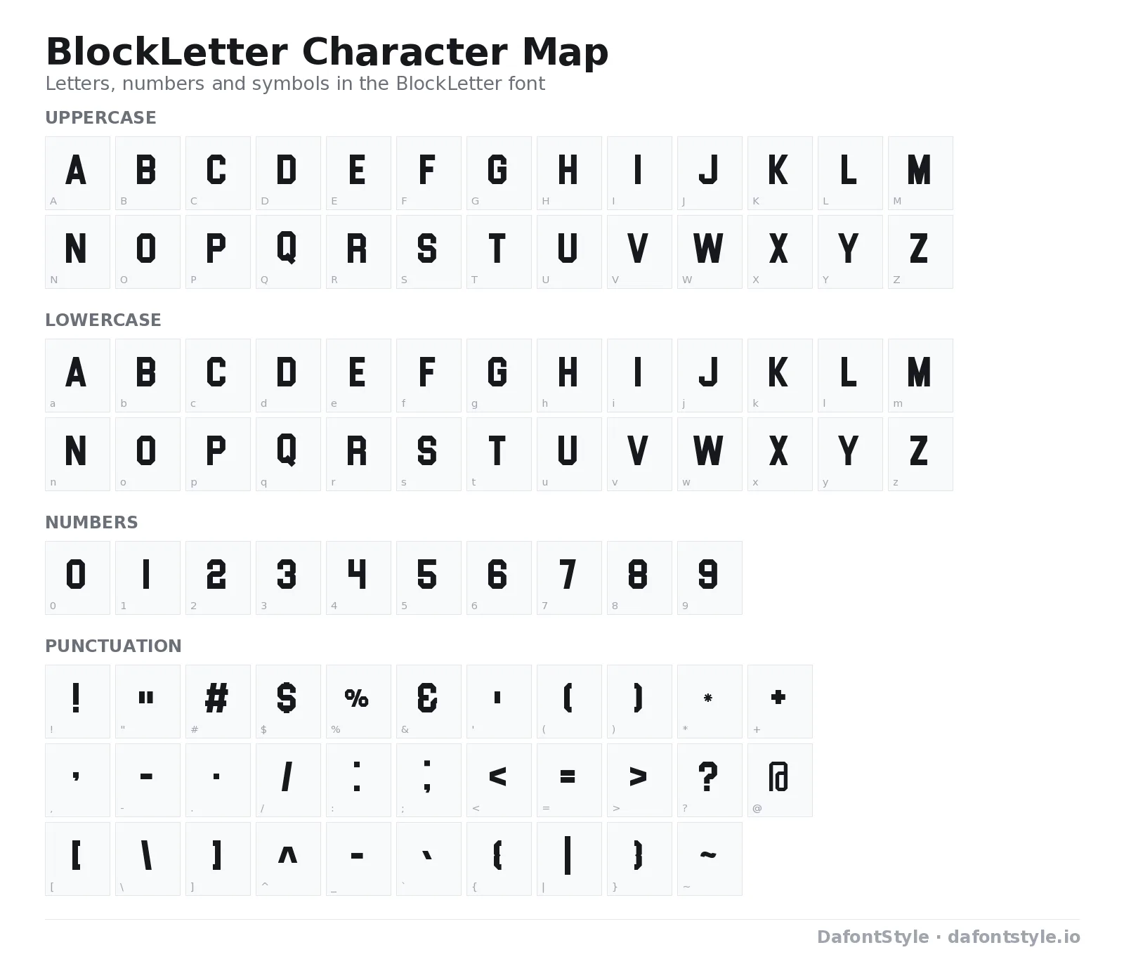 BlockLetter font character map with uppercase and lowercase letters, numbers and symbols