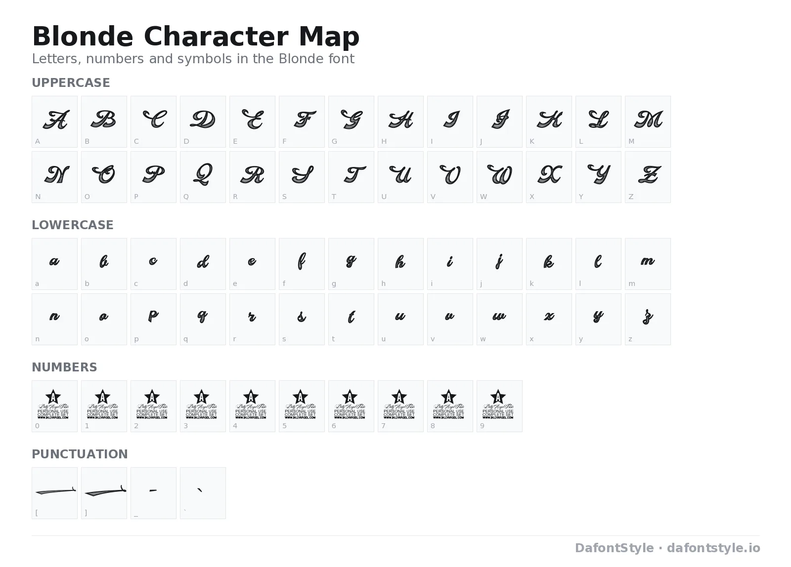 Blonde font character map with uppercase and lowercase letters, numbers and symbols