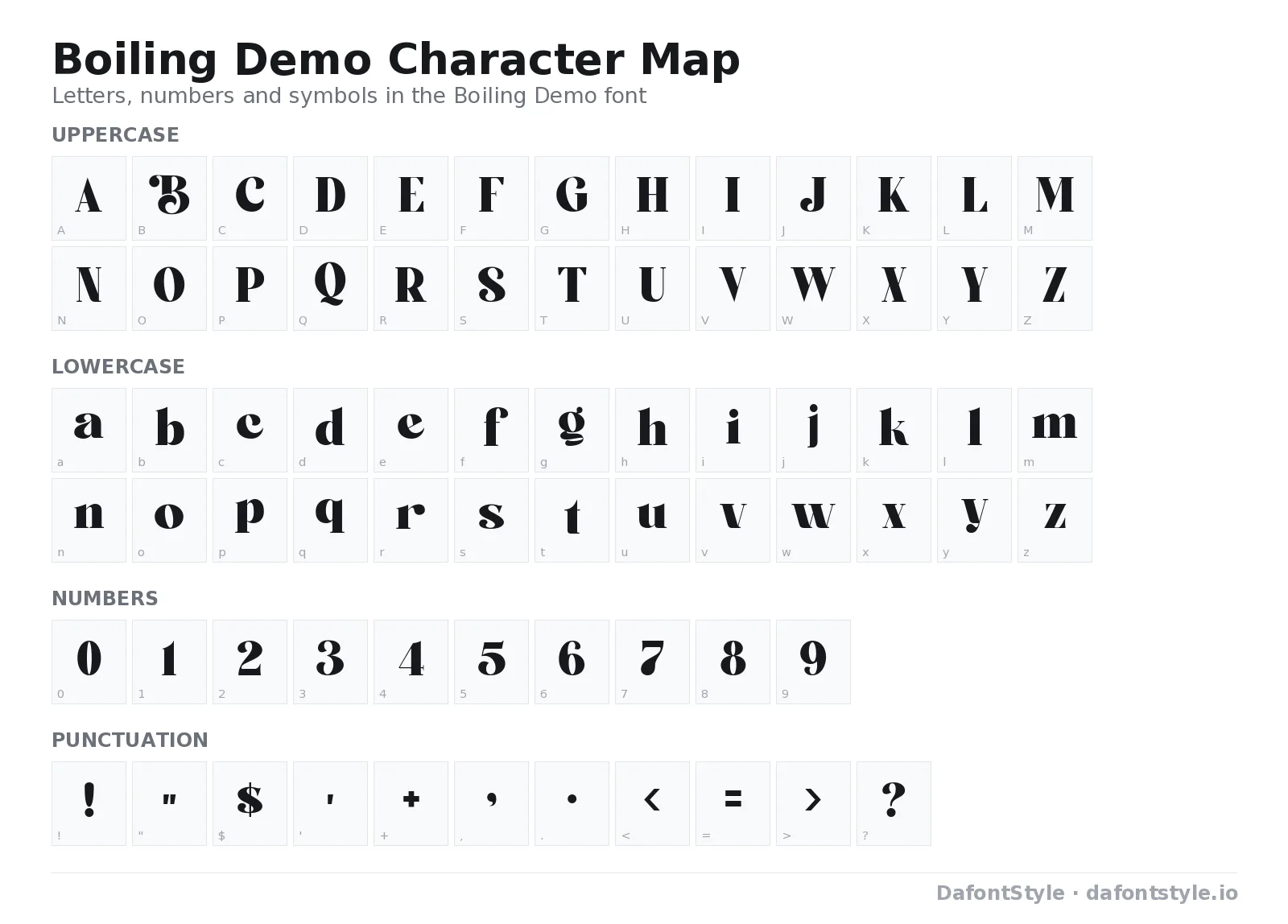 Boiling Demo font character map with uppercase and lowercase letters, numbers and symbols