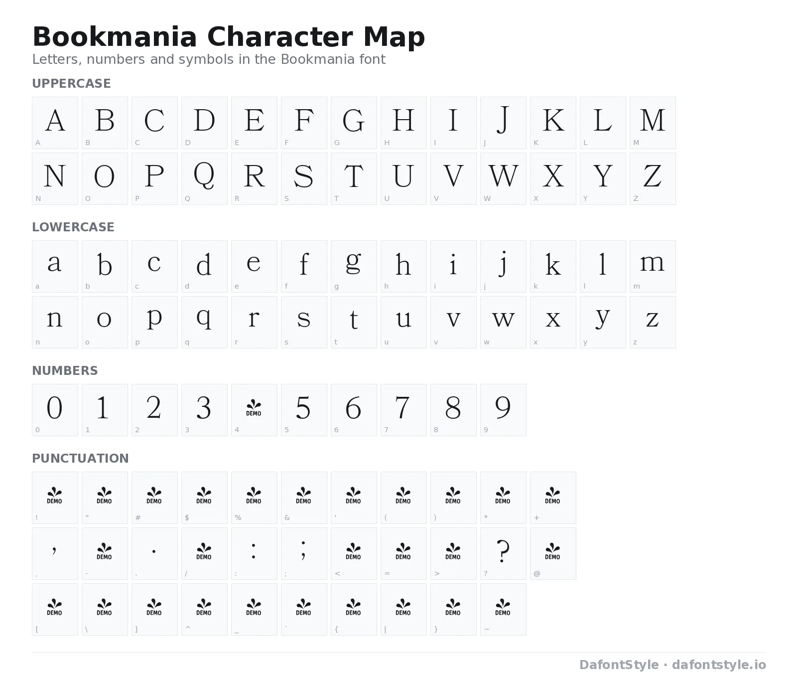 Bookmania font character map with uppercase and lowercase letters, numbers and symbols