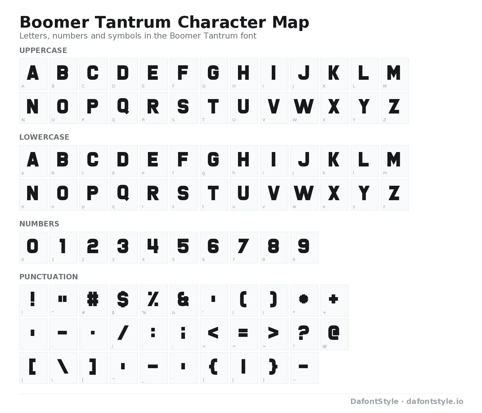 Boomer Tantrum font character map with uppercase and lowercase letters, numbers and symbols