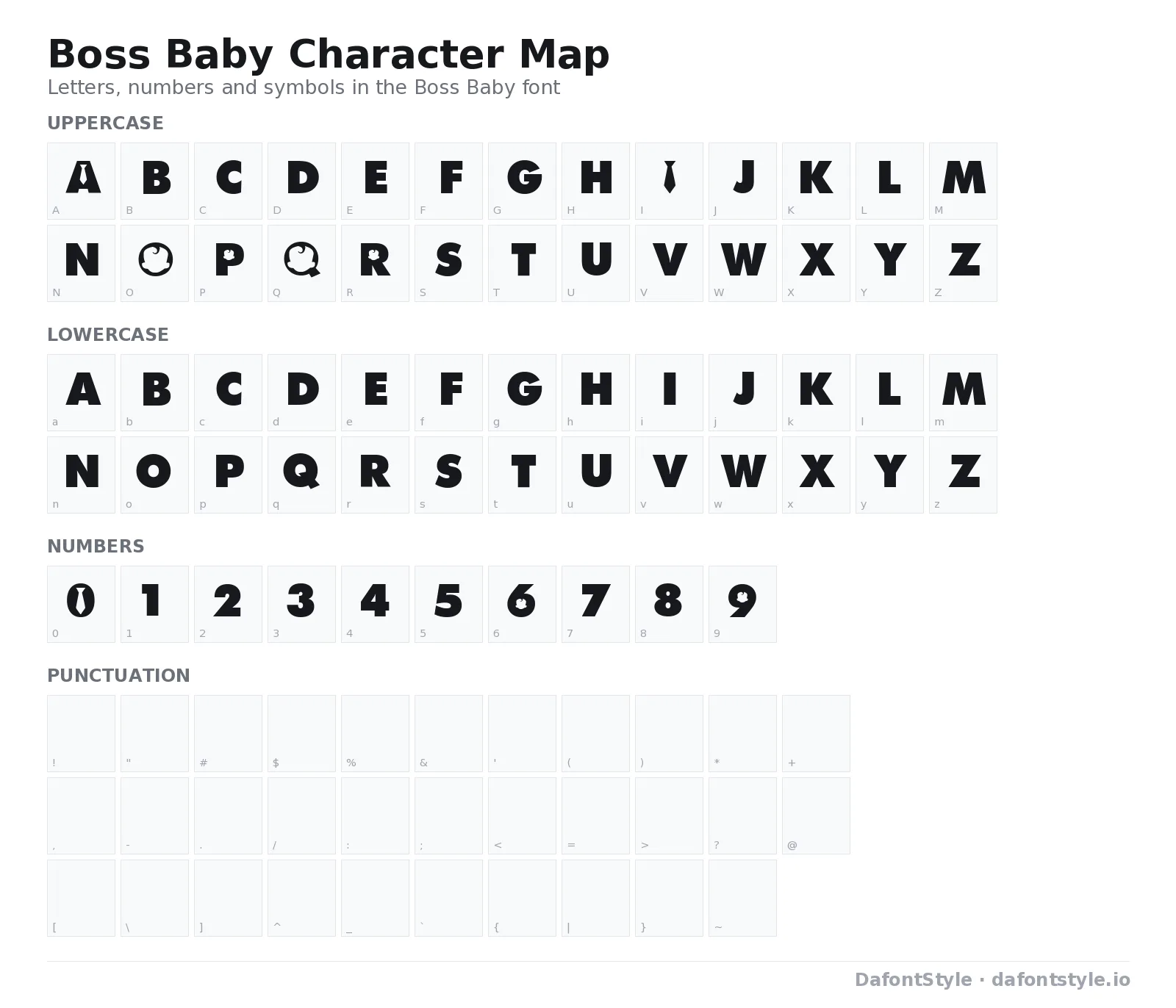 Boss Baby font character map with uppercase and lowercase letters, numbers and symbols