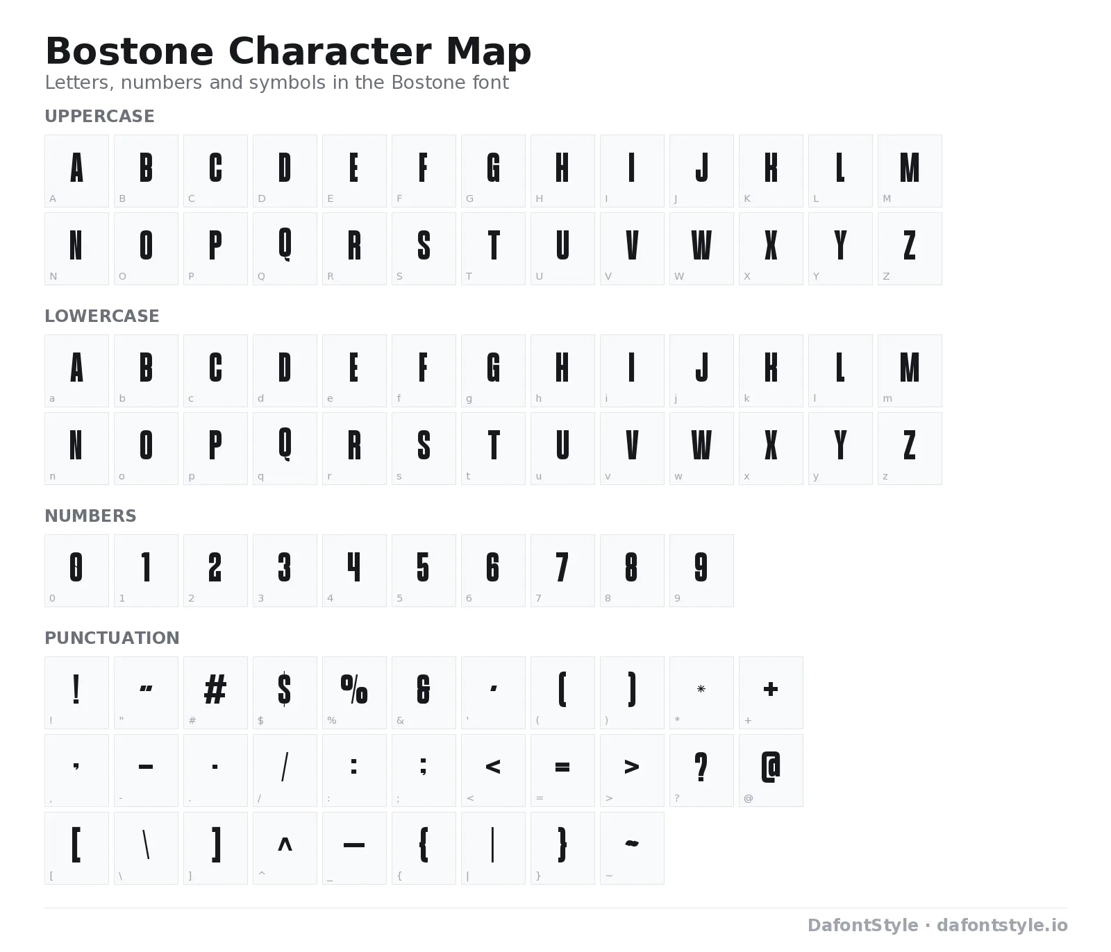 Bostone font character map with uppercase and lowercase letters, numbers and symbols
