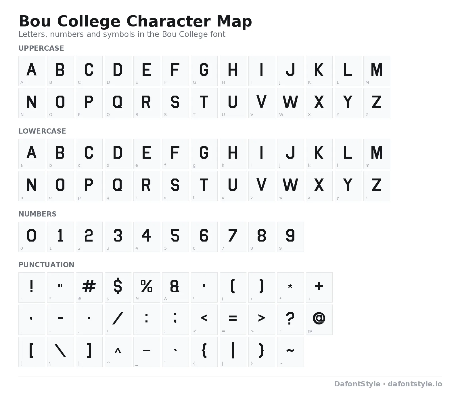 Bou College font character map with uppercase and lowercase letters, numbers and symbols