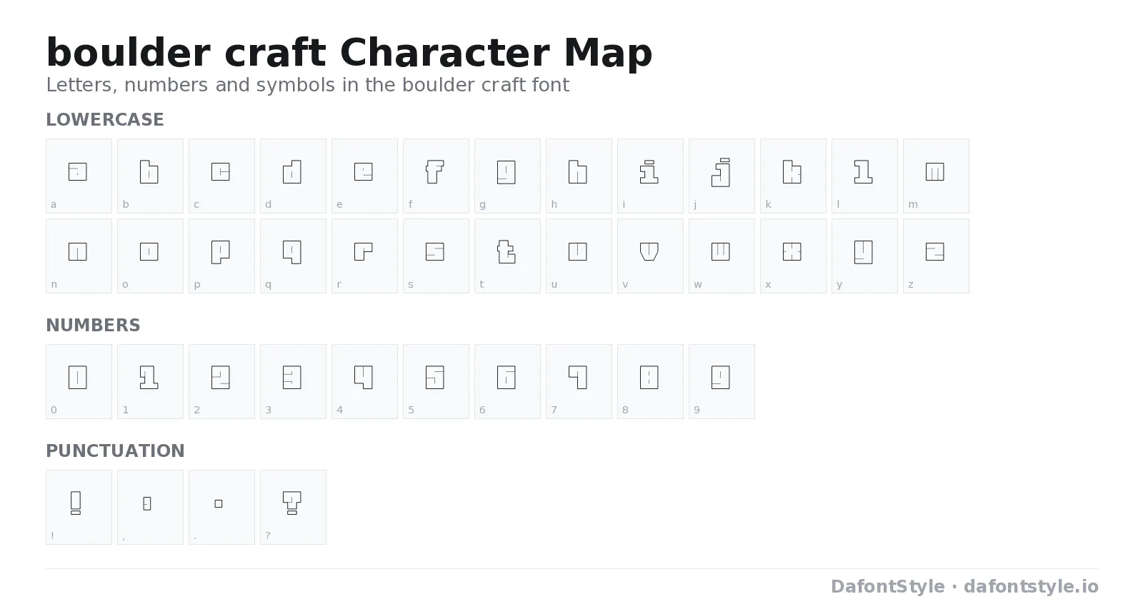 boulder craft font character map with uppercase and lowercase letters, numbers and symbols