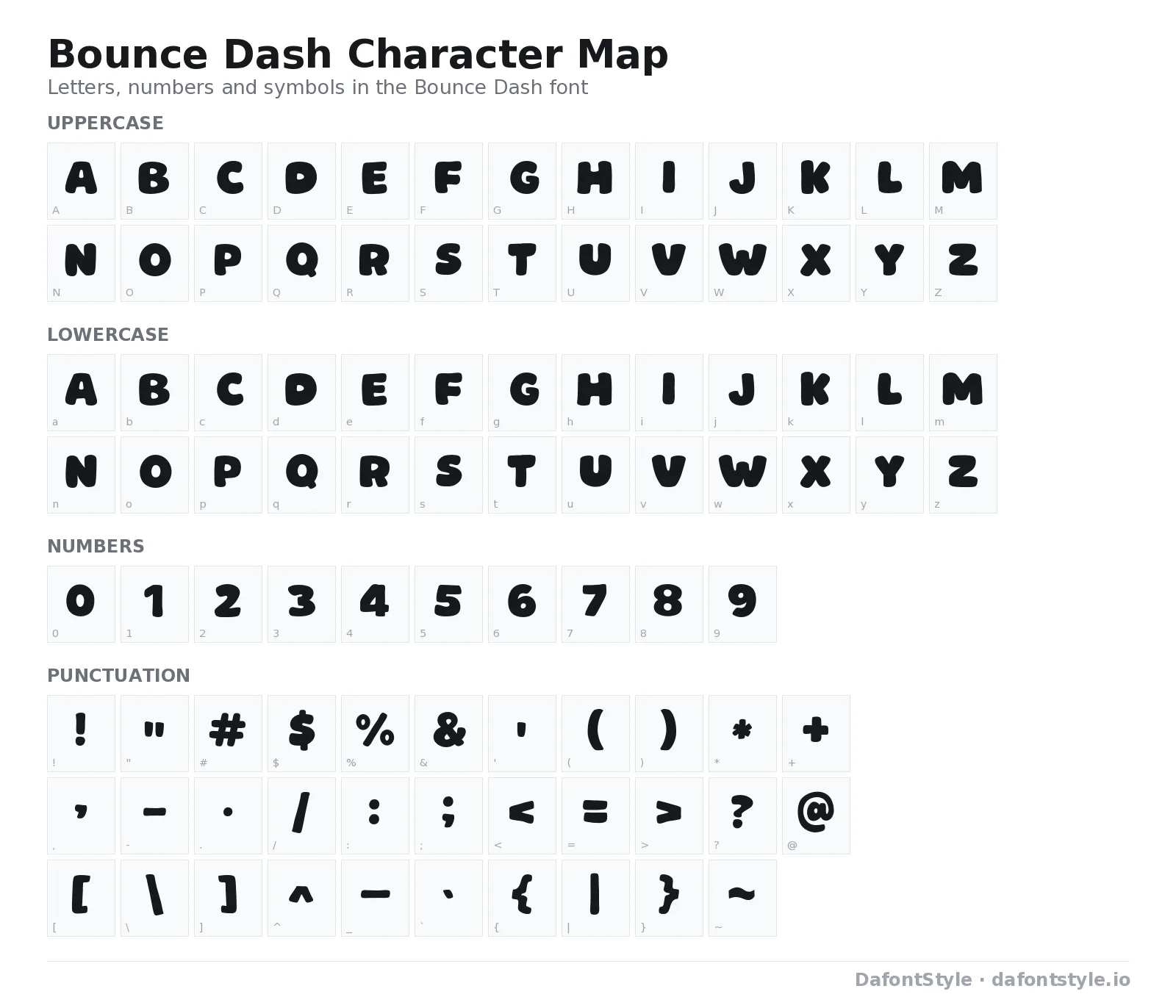 Bounce Dash font character map with uppercase and lowercase letters, numbers and symbols