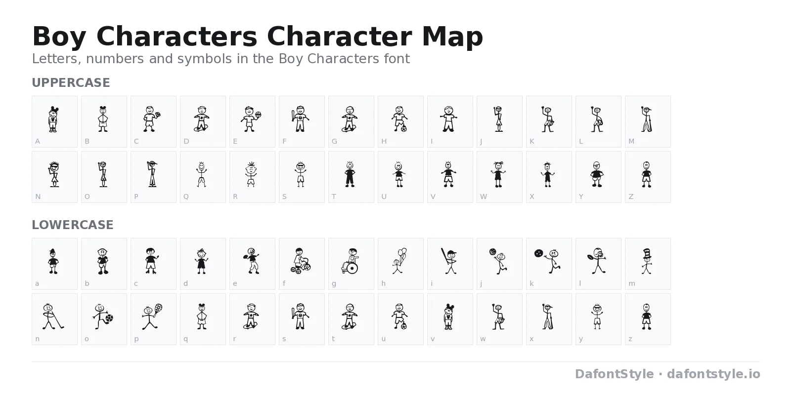 Boy Characters font character map with uppercase and lowercase letters, numbers and symbols