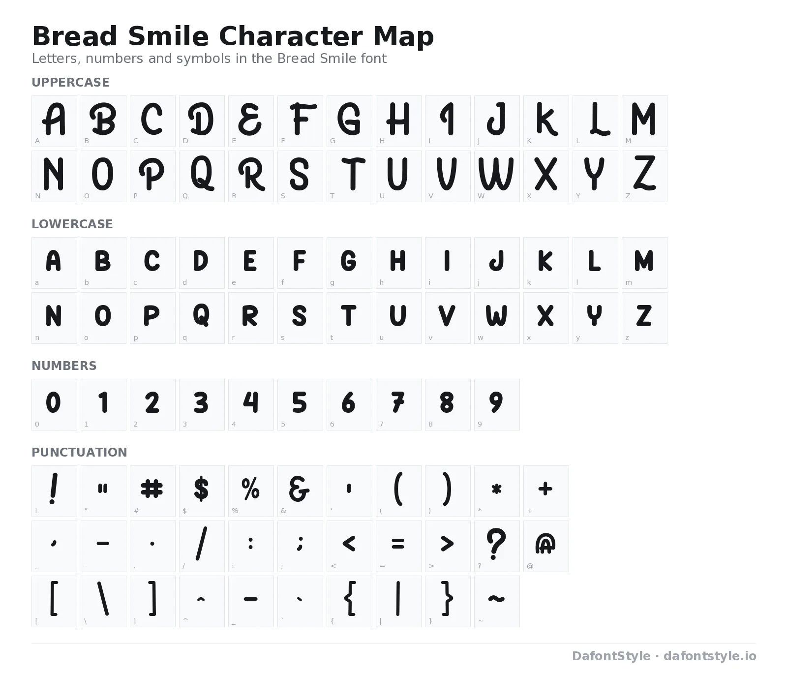 Bread Smile font character map with uppercase and lowercase letters, numbers and symbols