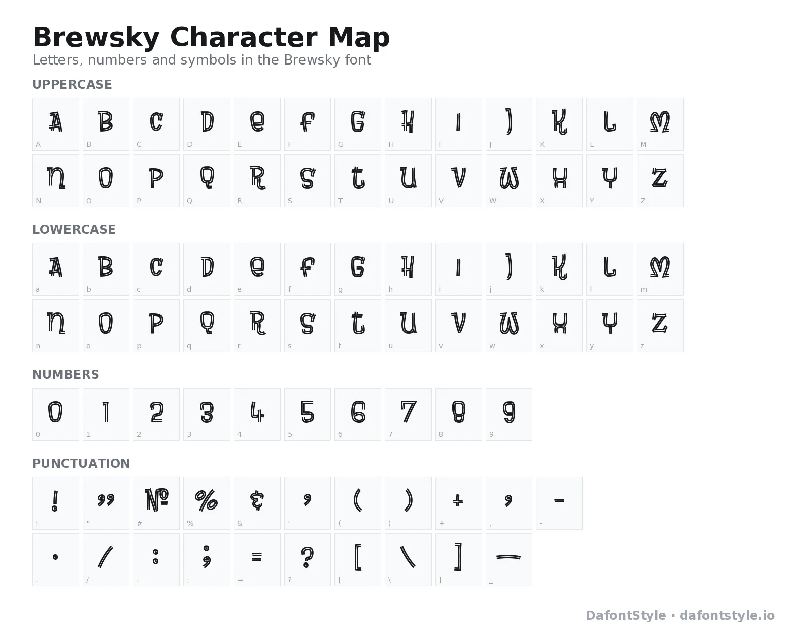 Brewsky font character map with uppercase and lowercase letters, numbers and symbols