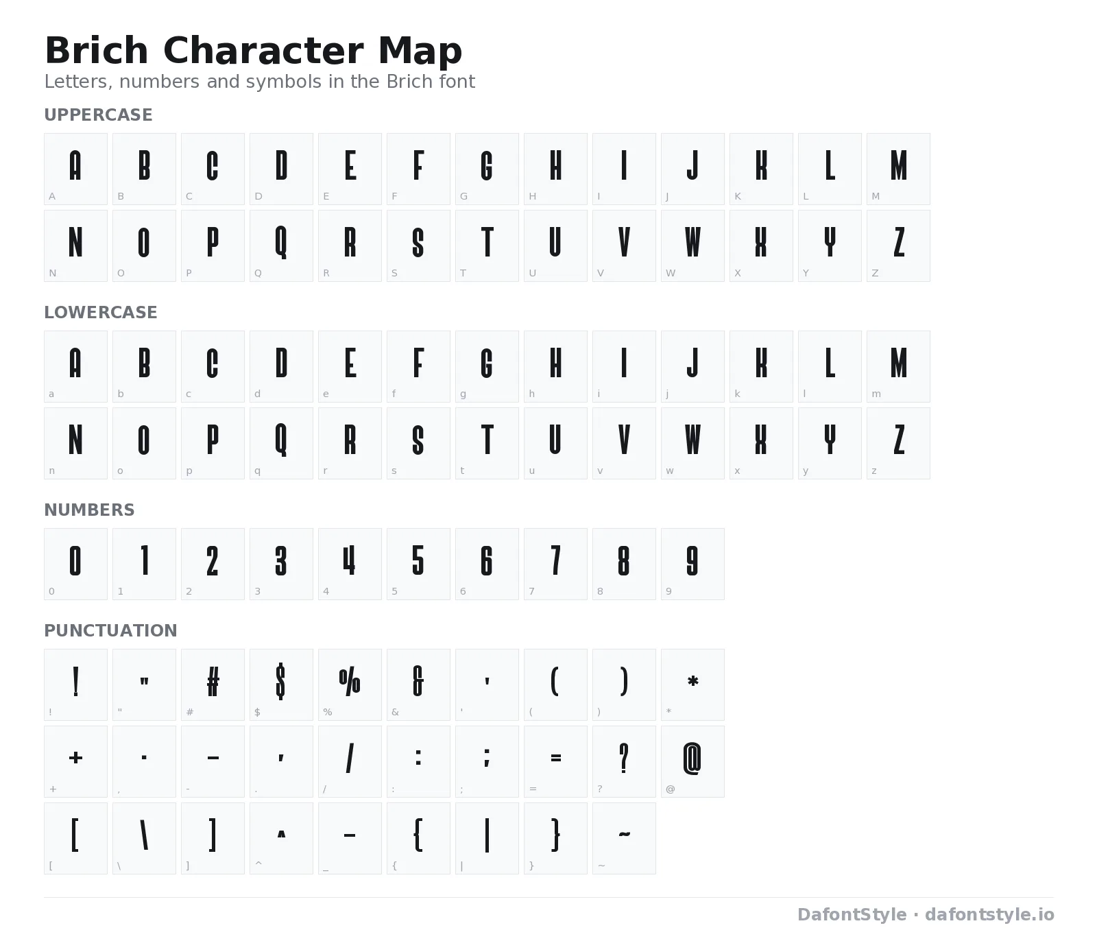 Brich font character map with uppercase and lowercase letters, numbers and symbols