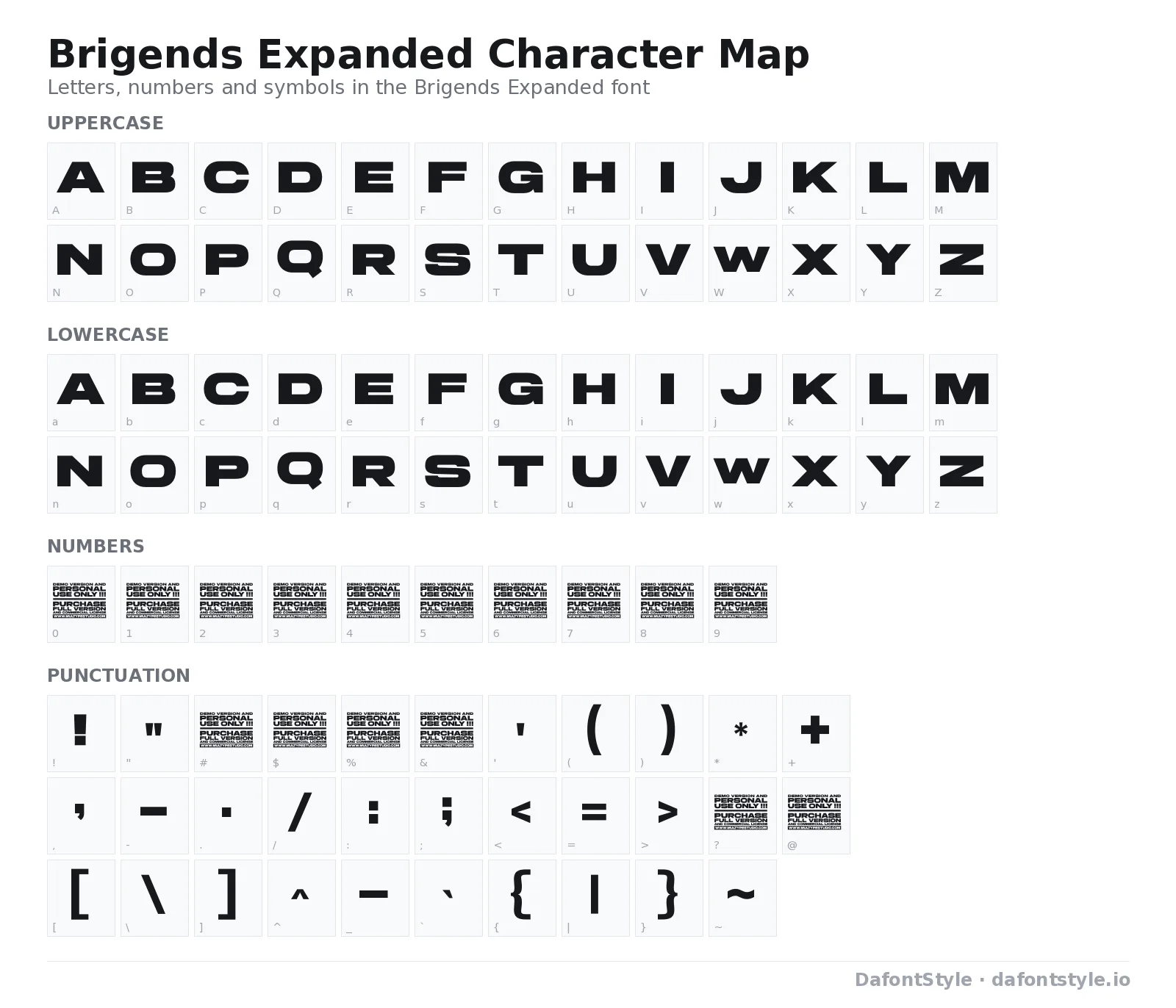 Brigends Expanded font character map with uppercase and lowercase letters, numbers and symbols