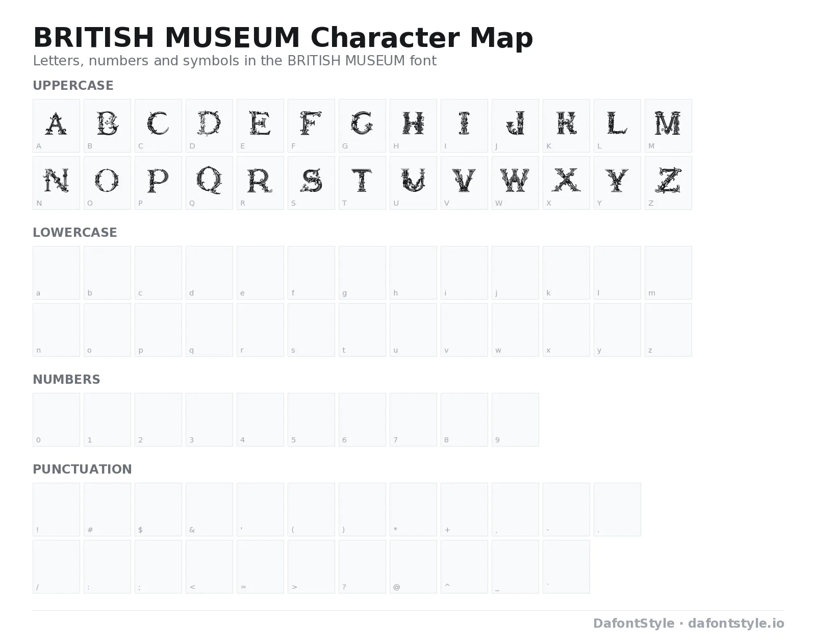 BRITISH MUSEUM font character map with uppercase and lowercase letters, numbers and symbols