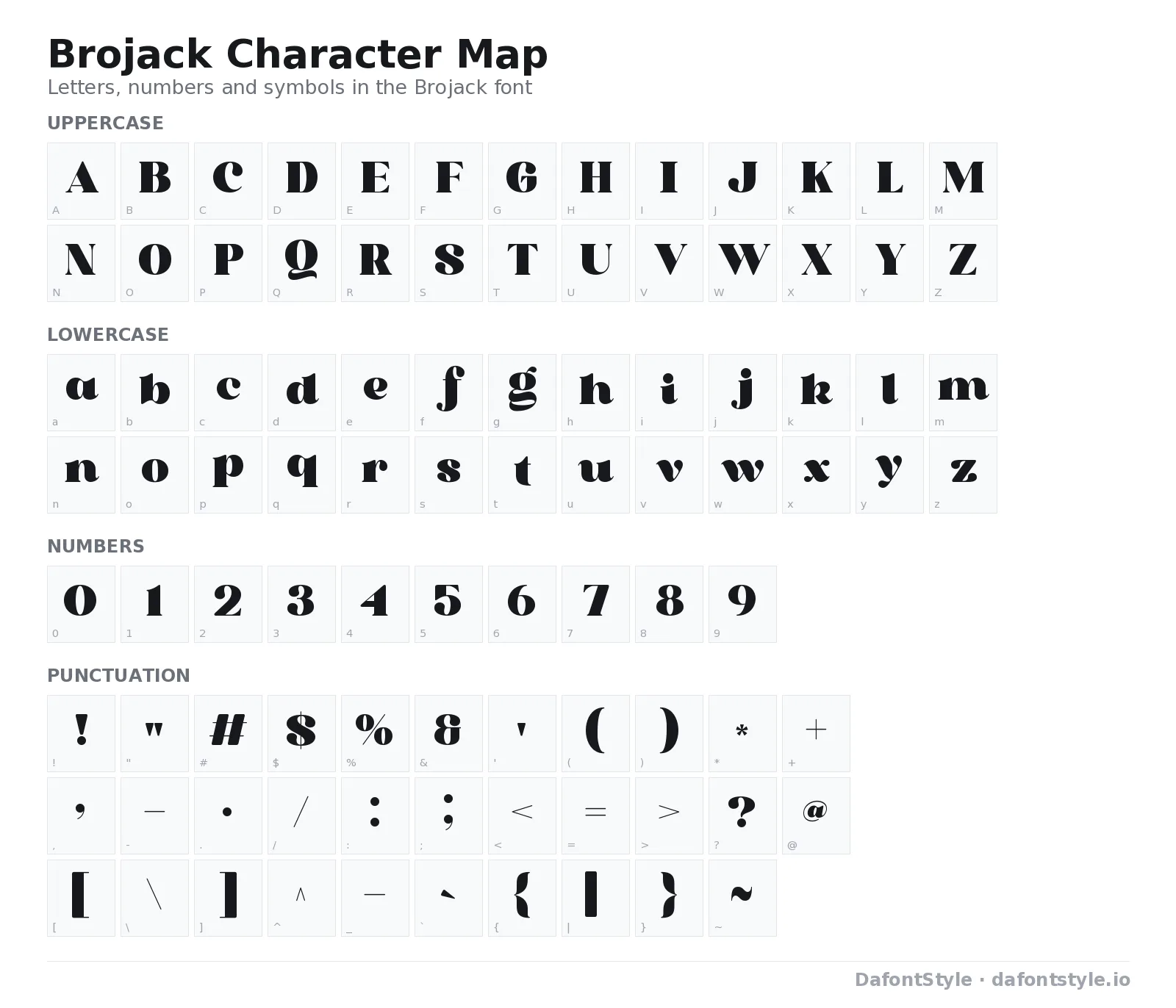 Brojack font character map with uppercase and lowercase letters, numbers and symbols