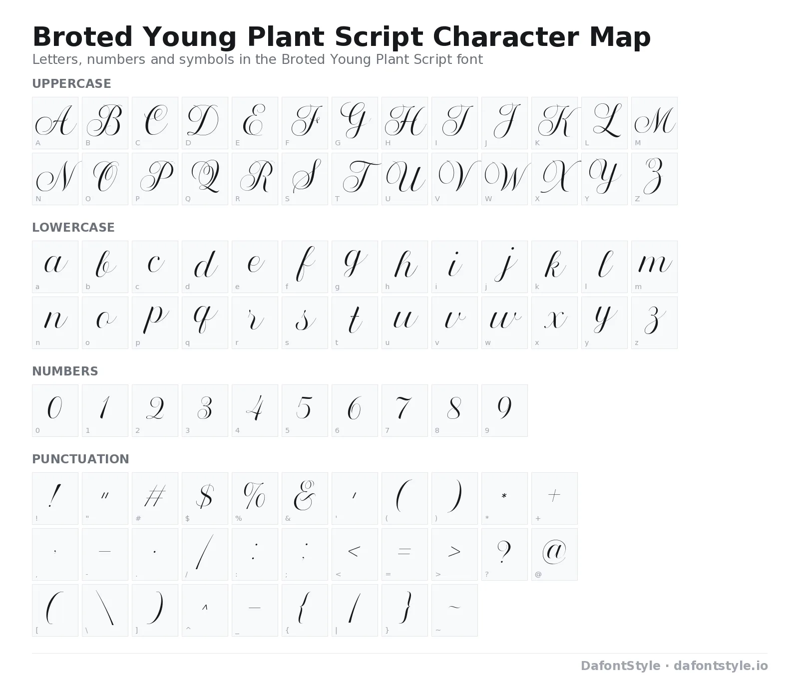 Broted Young Plant Script font character map with uppercase and lowercase letters, numbers and symbols