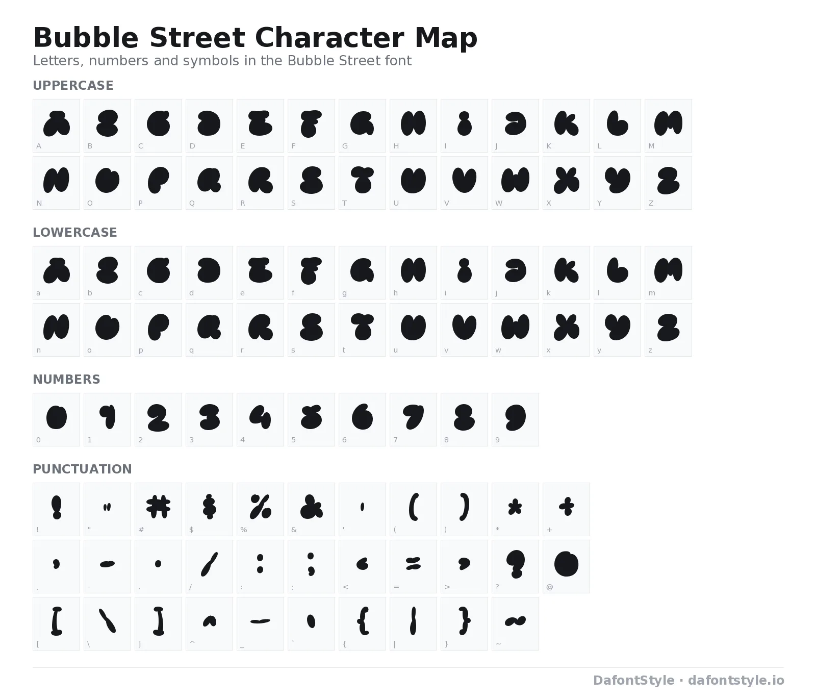 Bubble Street font character map with uppercase and lowercase letters, numbers and symbols