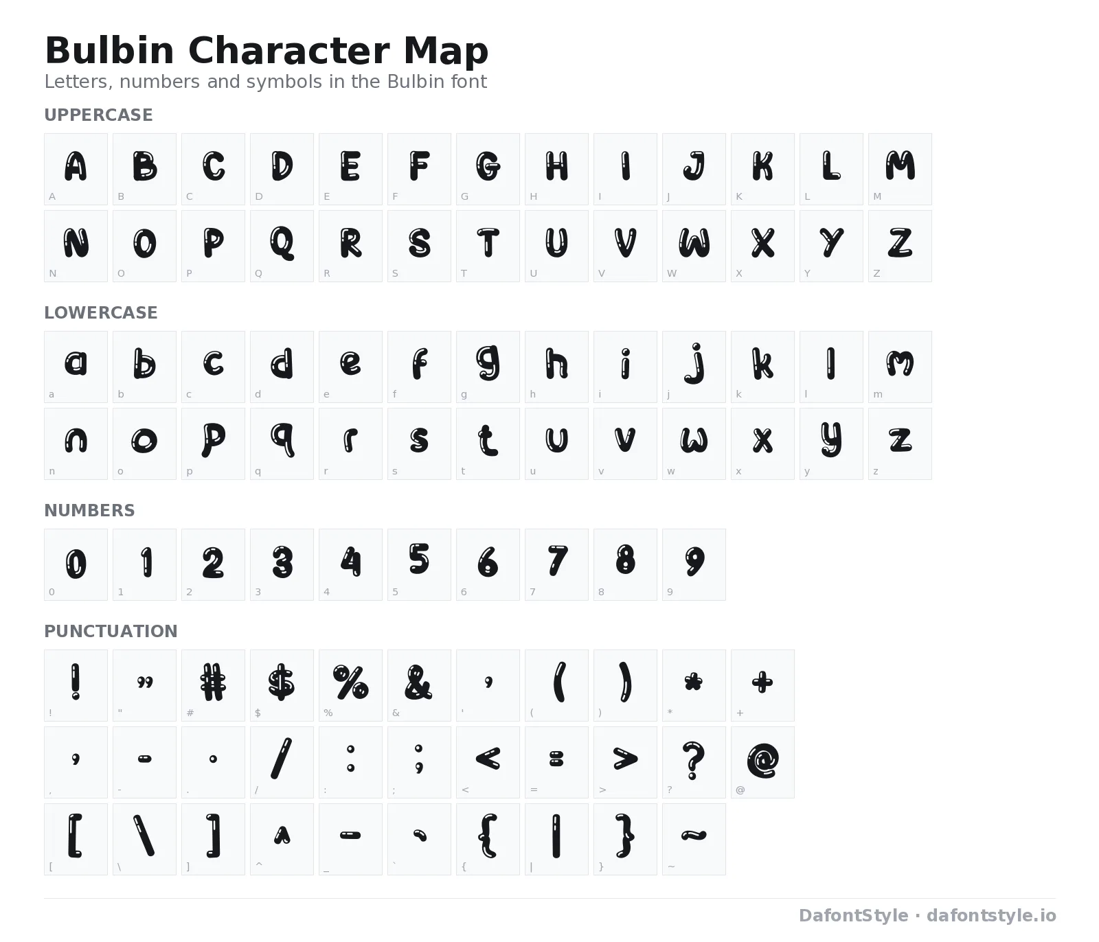Bulbin font character map with uppercase and lowercase letters, numbers and symbols