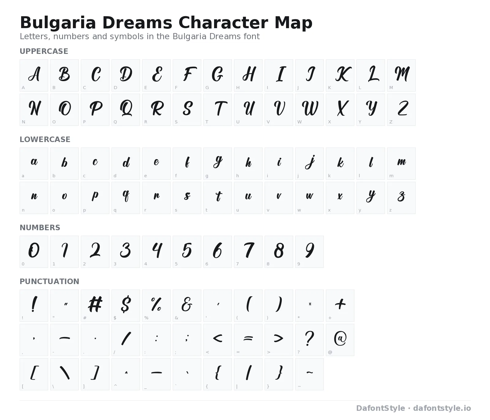 Bulgaria Dreams font character map with uppercase and lowercase letters, numbers and symbols