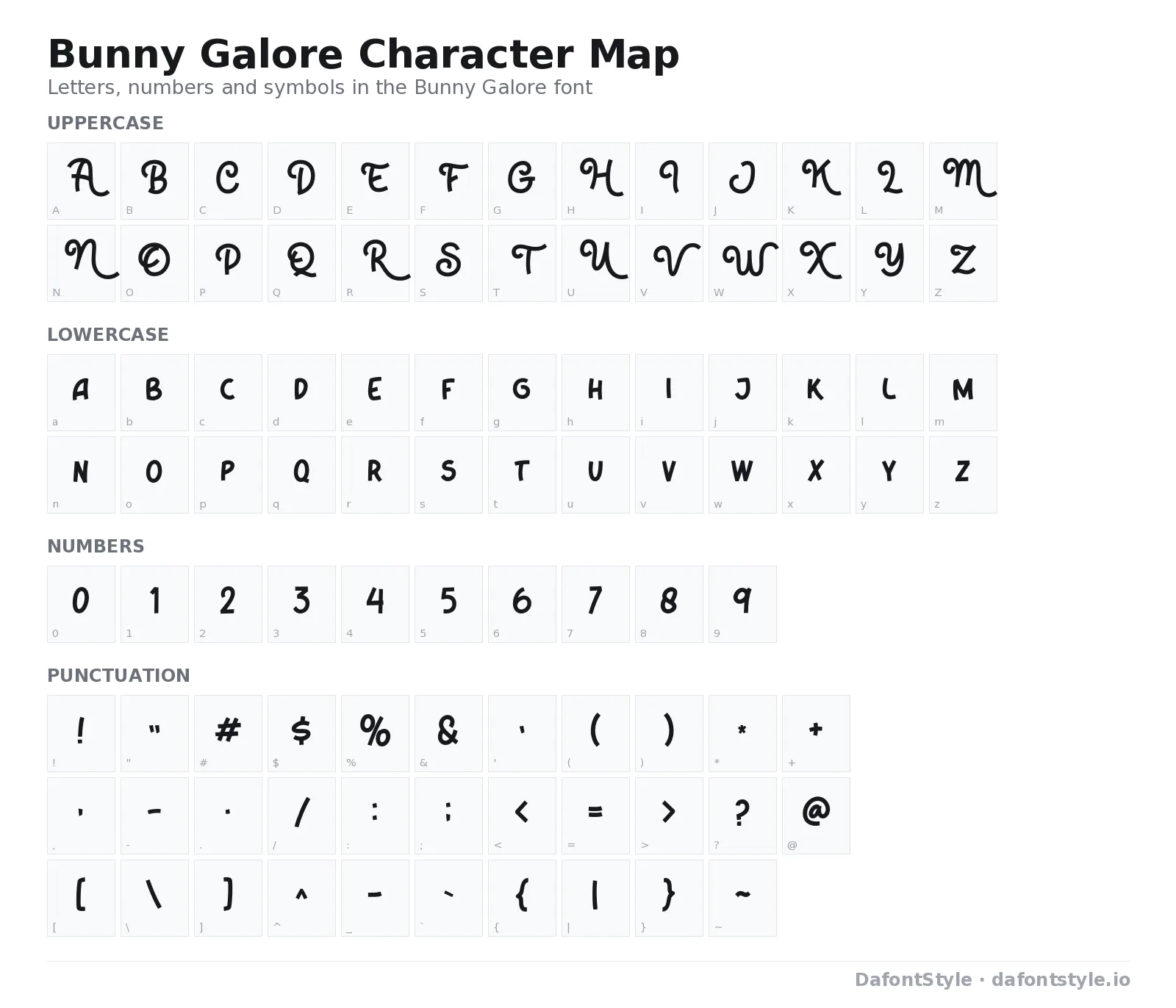Bunny Galore font character map with uppercase and lowercase letters, numbers and symbols