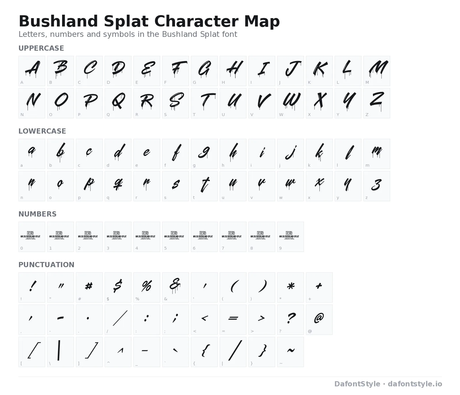 Bushland Splat font character map with uppercase and lowercase letters, numbers and symbols
