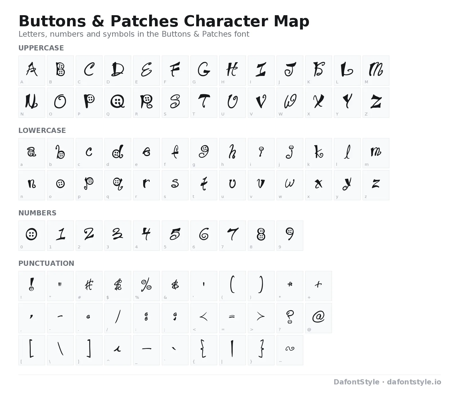 Buttons & Patches font character map with uppercase and lowercase letters, numbers and symbols