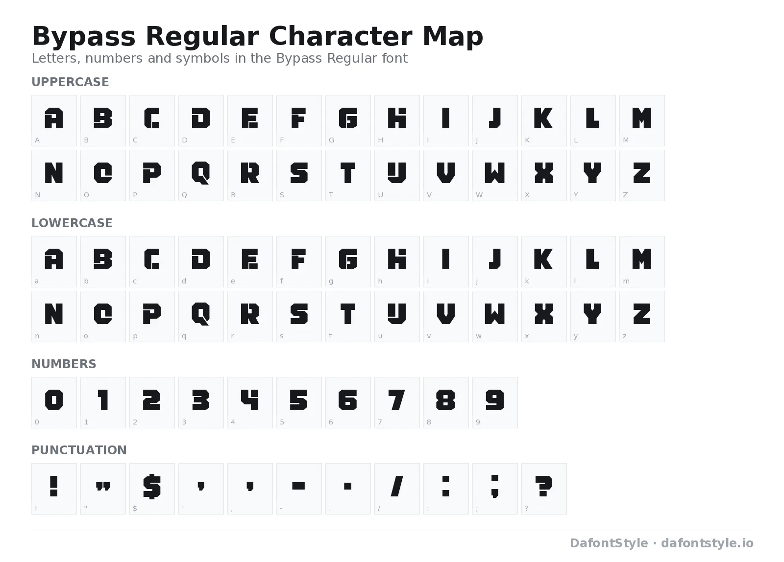 Bypass Regular font character map with uppercase and lowercase letters, numbers and symbols