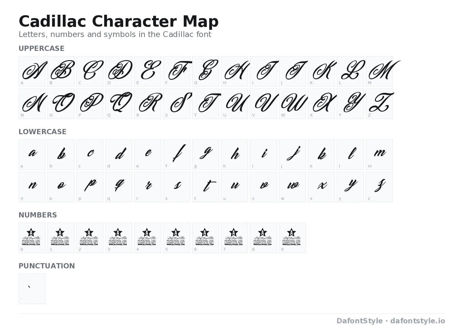 Cadillac font character map with uppercase and lowercase letters, numbers and symbols