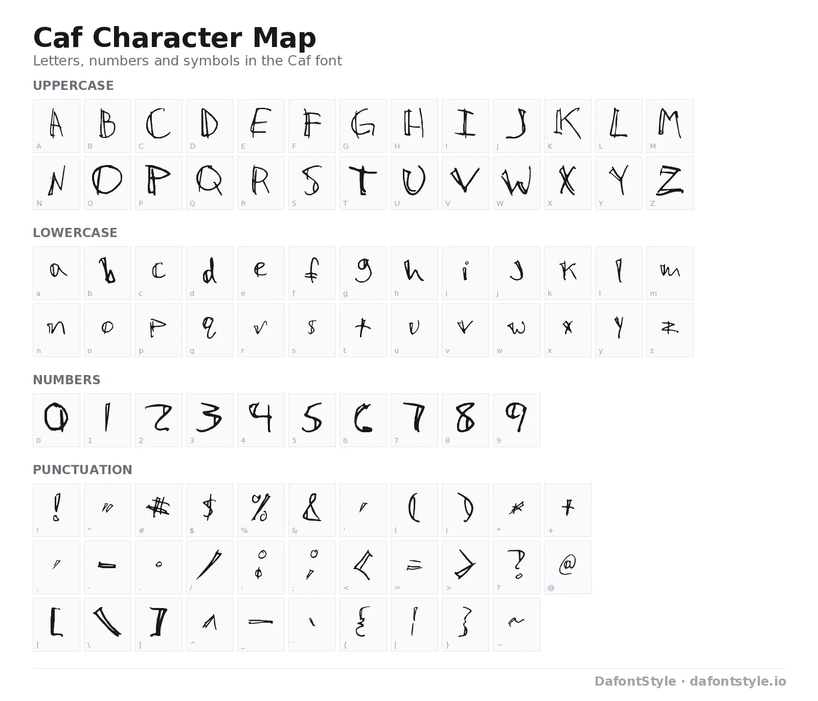 Caf font character map with uppercase and lowercase letters, numbers and symbols
