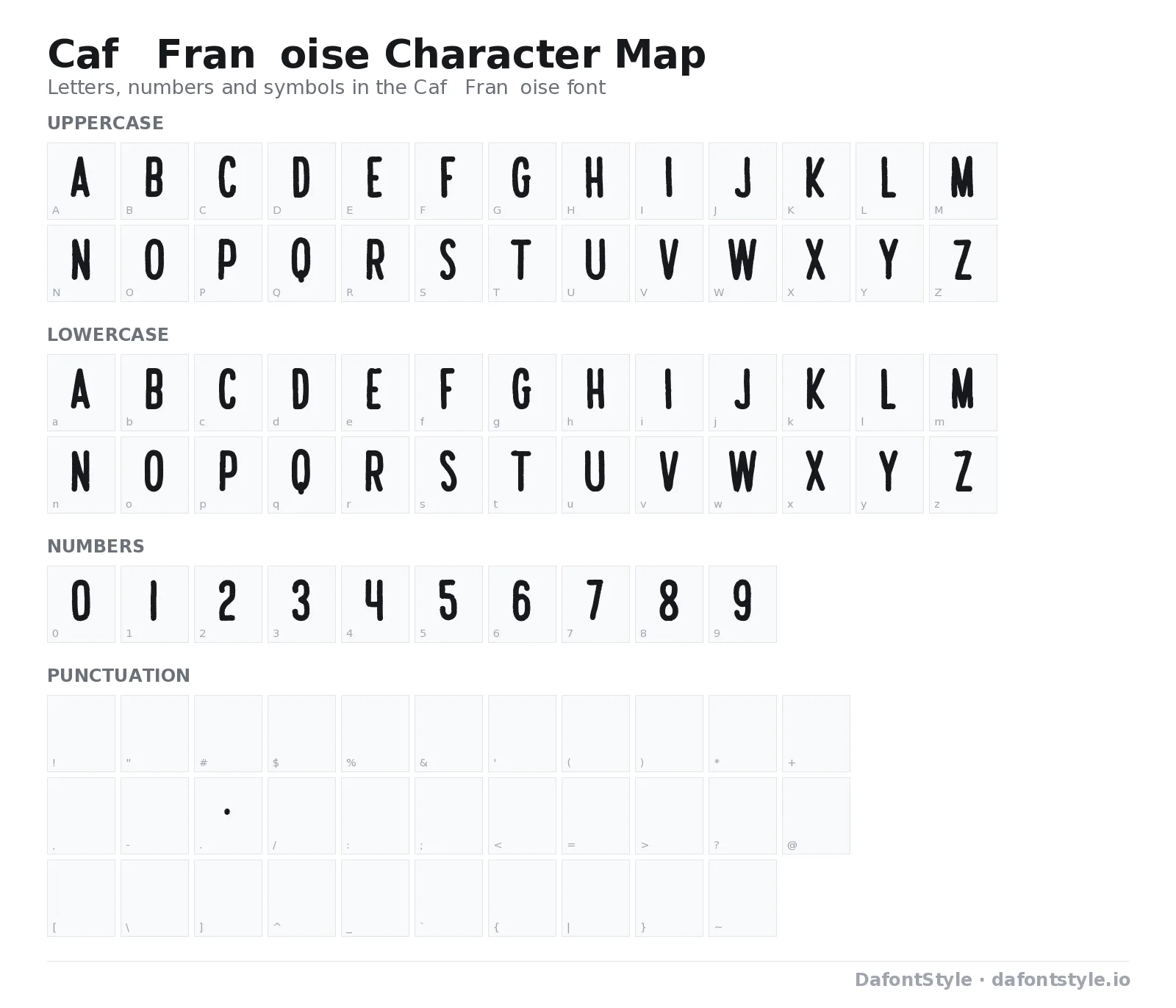 Café Françoise font character map with uppercase and lowercase letters, numbers and symbols