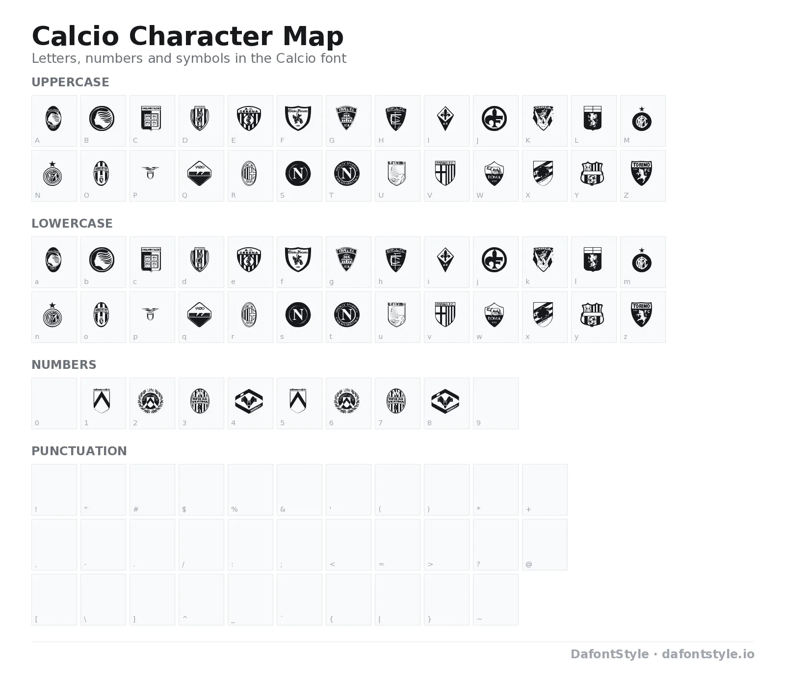 Calcio font character map with uppercase and lowercase letters, numbers and symbols