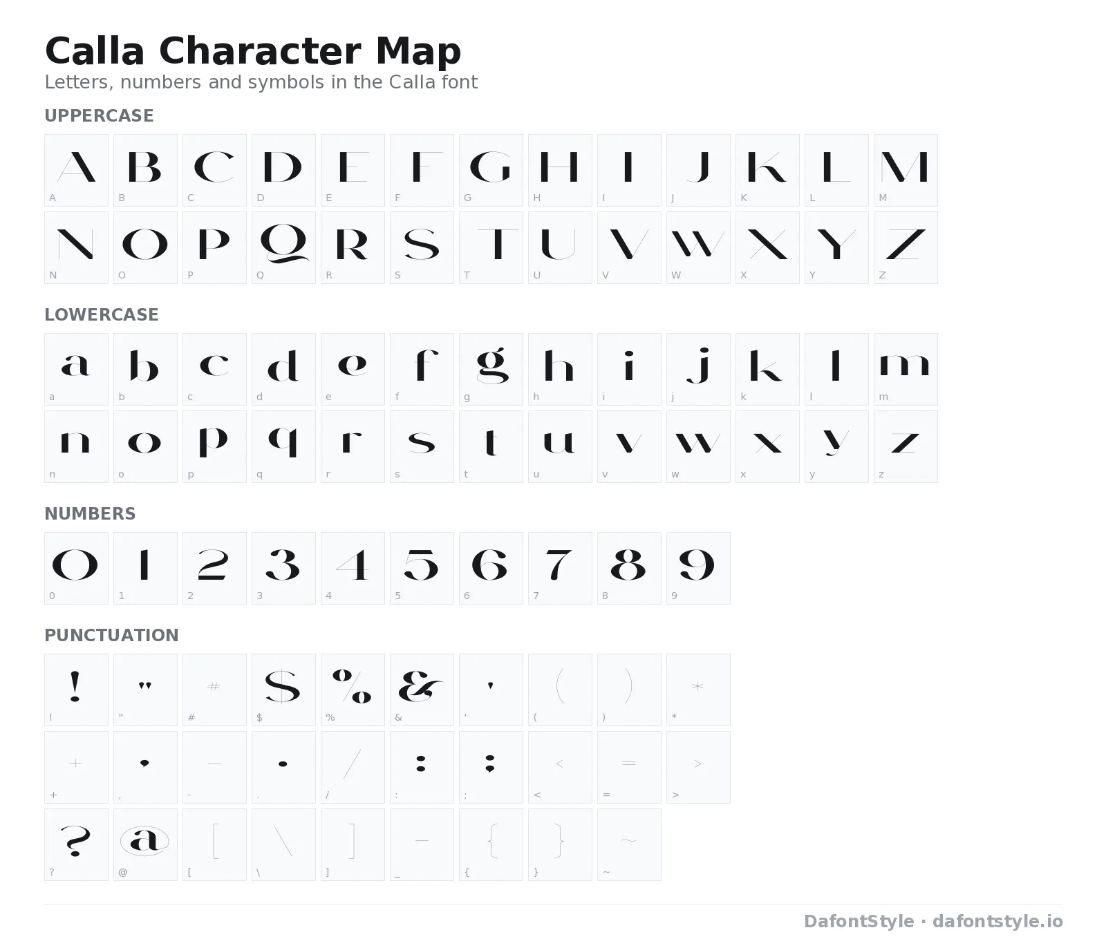 Calla font character map with uppercase and lowercase letters, numbers and symbols
